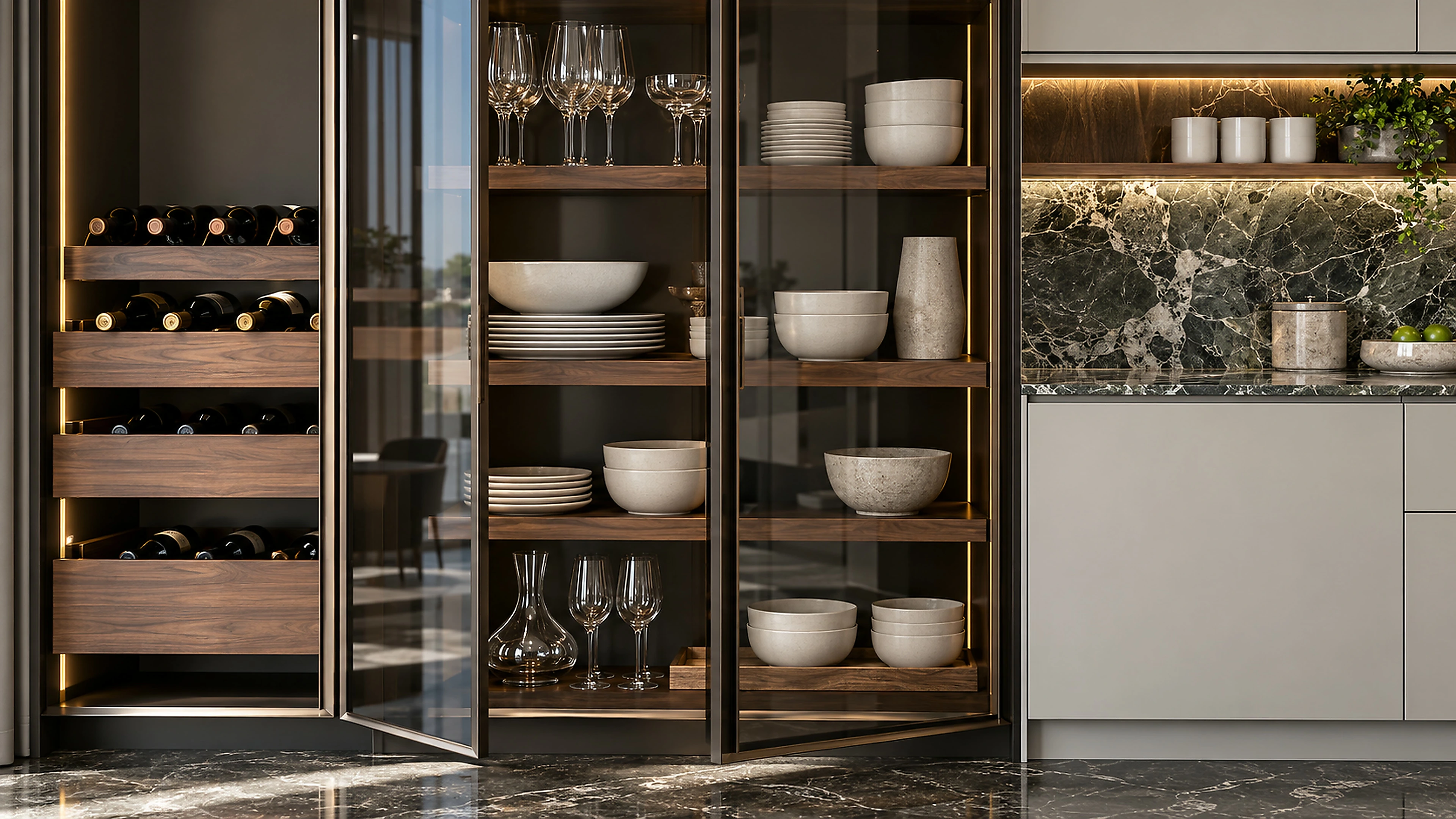 AI-generated illustration: Smoked-glass pantry with walnut shelves, ceramics, and precise gray millwork.