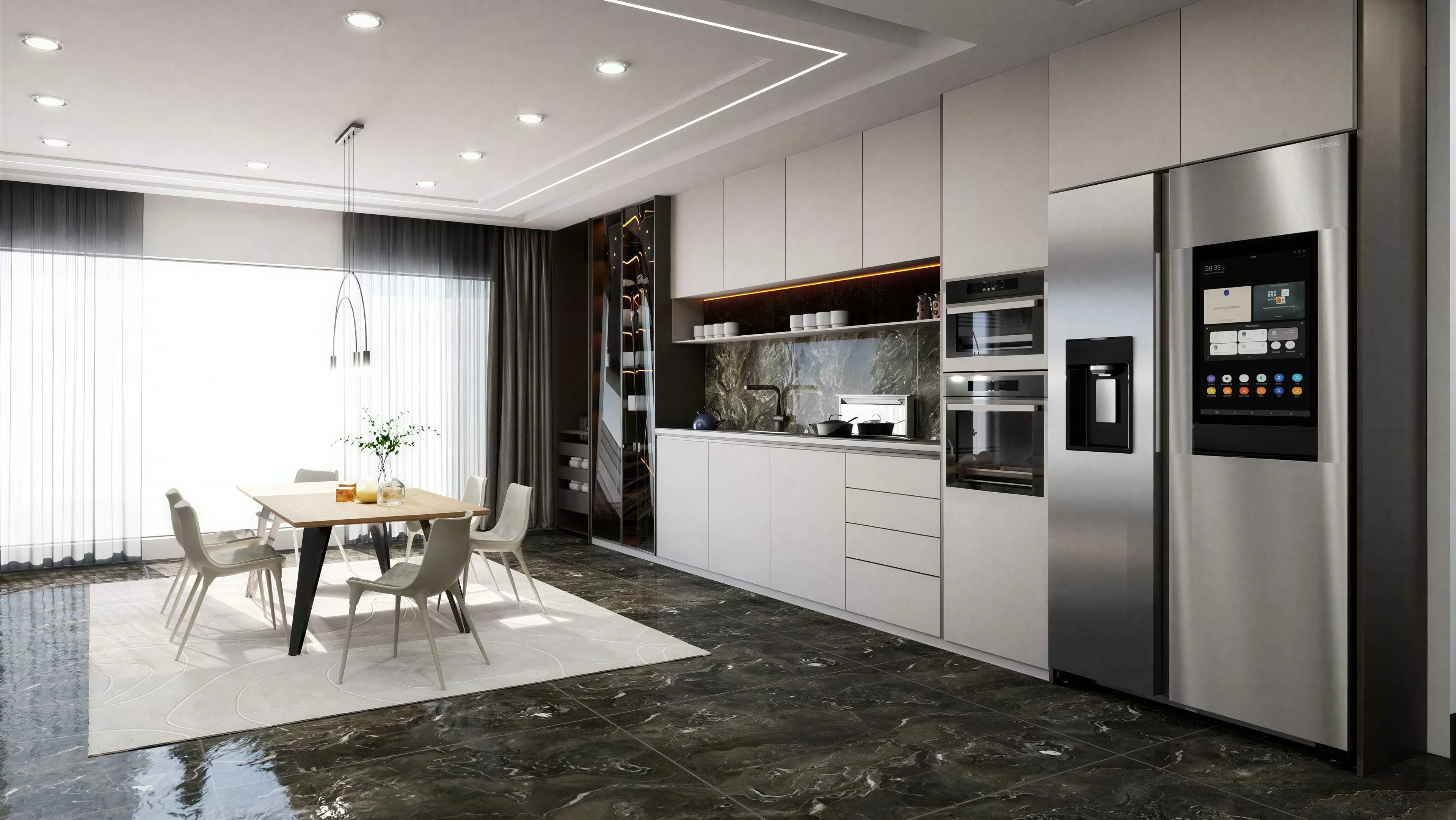 Wide kitchen view with a full dining table and tall cabinetry.