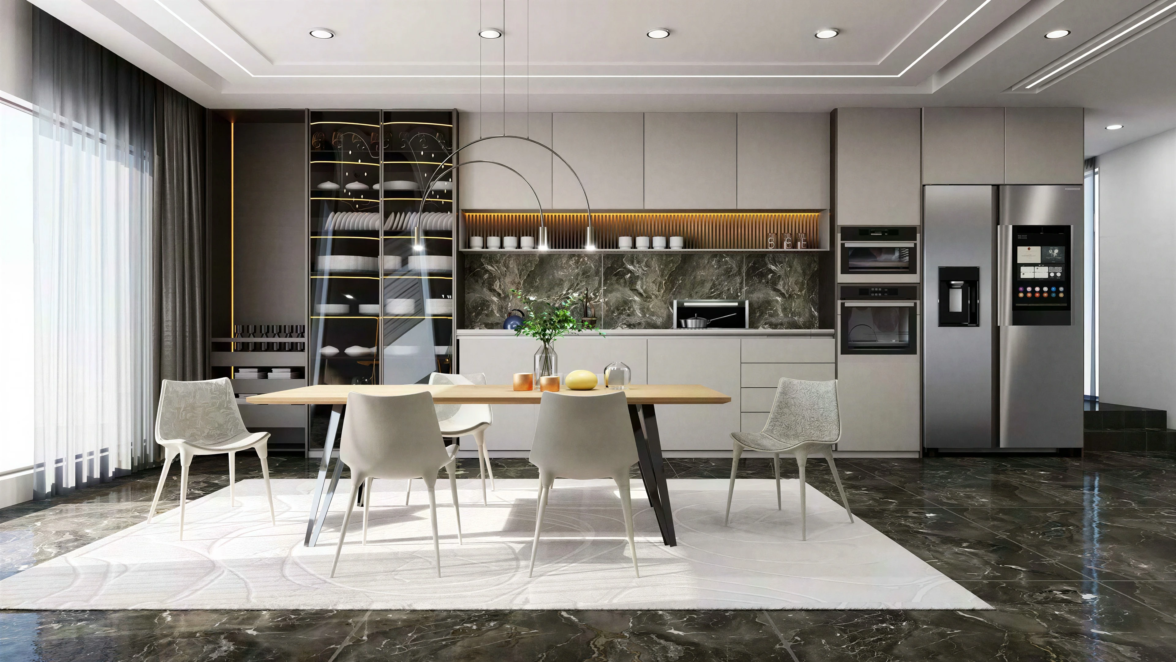 Kitchen and dining area with glass display cabinets and integrated appliances.