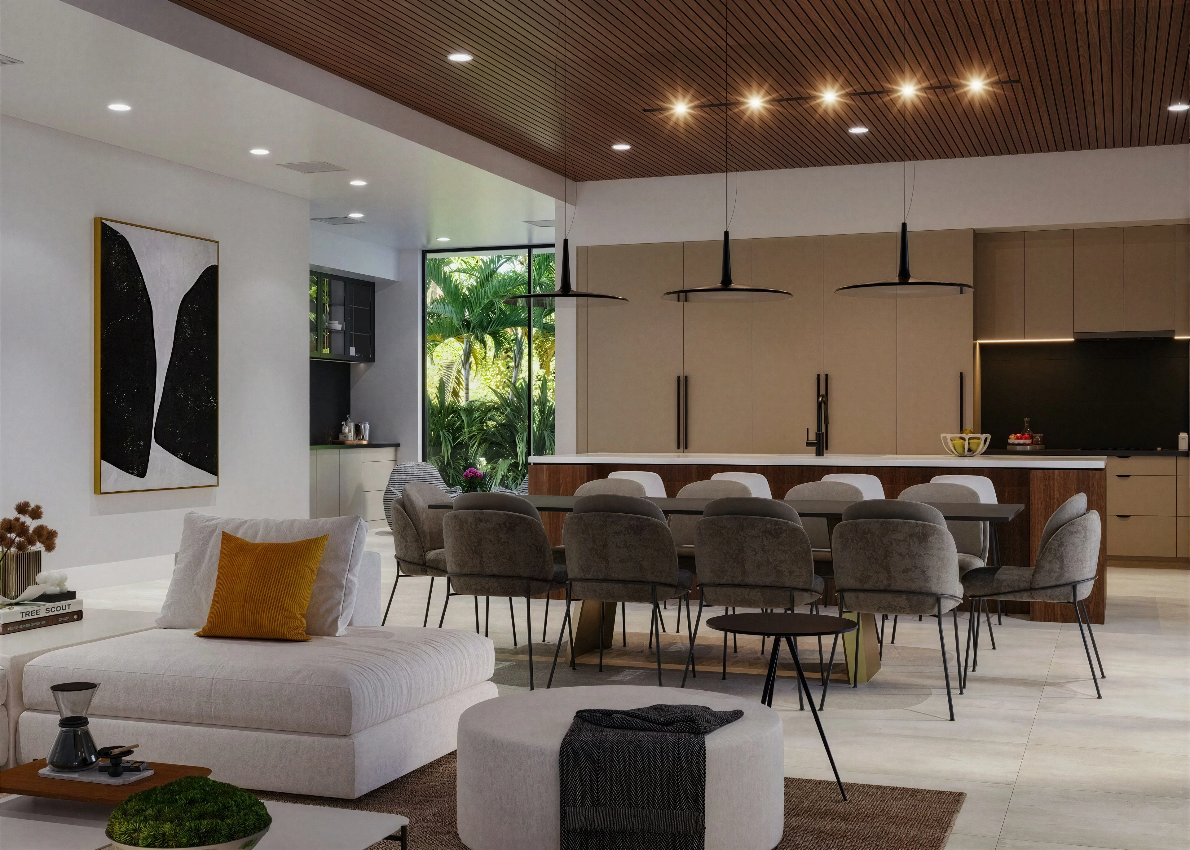 Open living and kitchen area beneath a wood-toned ceiling.