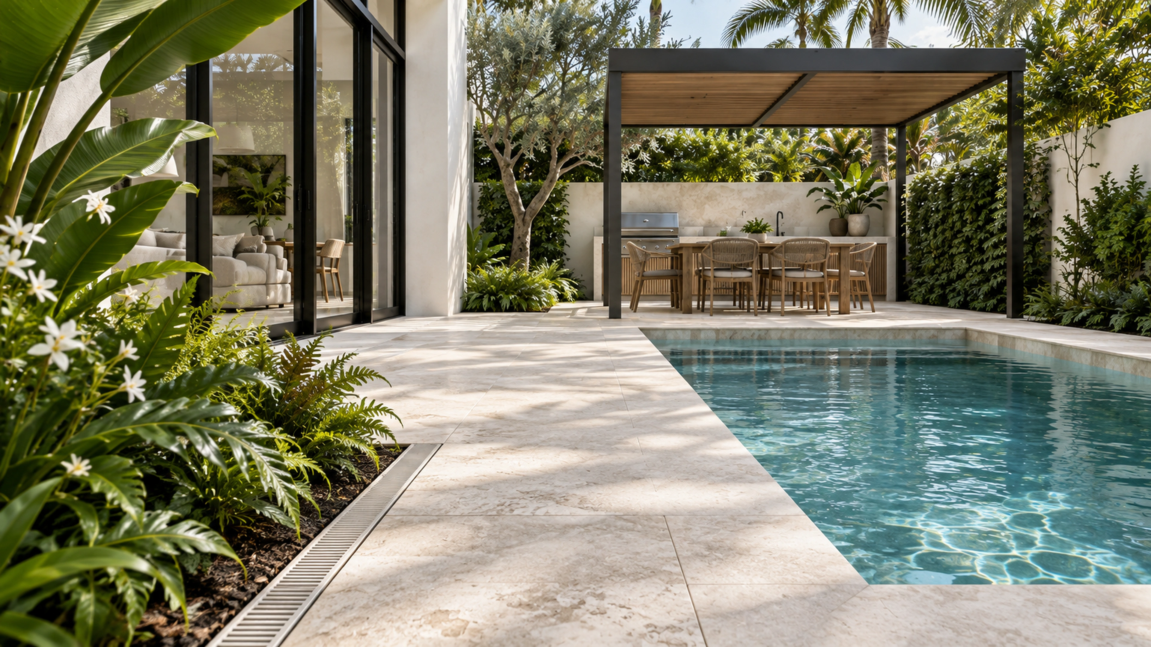 Courtyard Pool & Terrace — the planted edge; design-concept visualization.