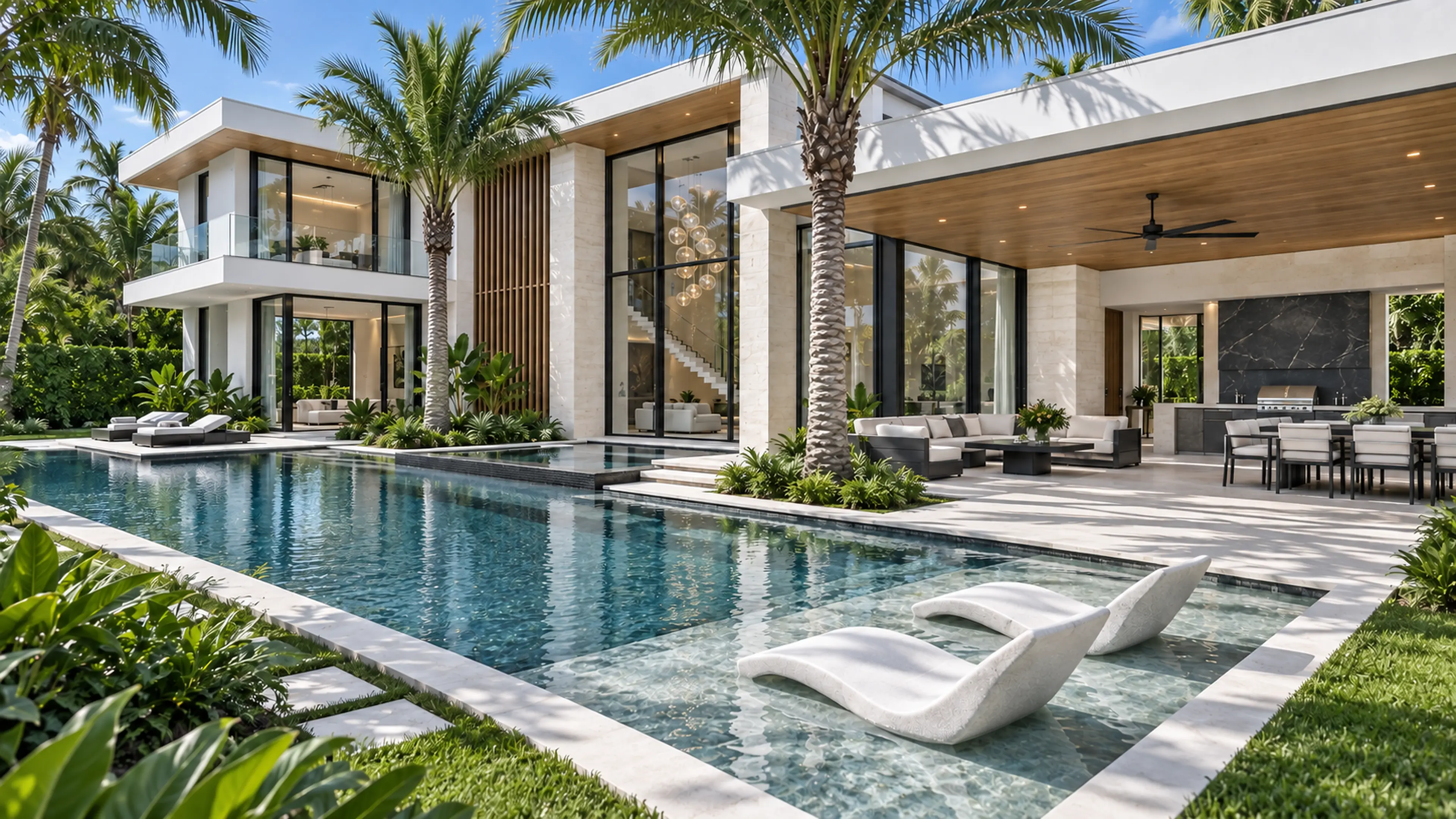 Rear pool courtyard with a sun shelf, palms, a covered oak-soffit loggia, and the home's double-height glass entry.
