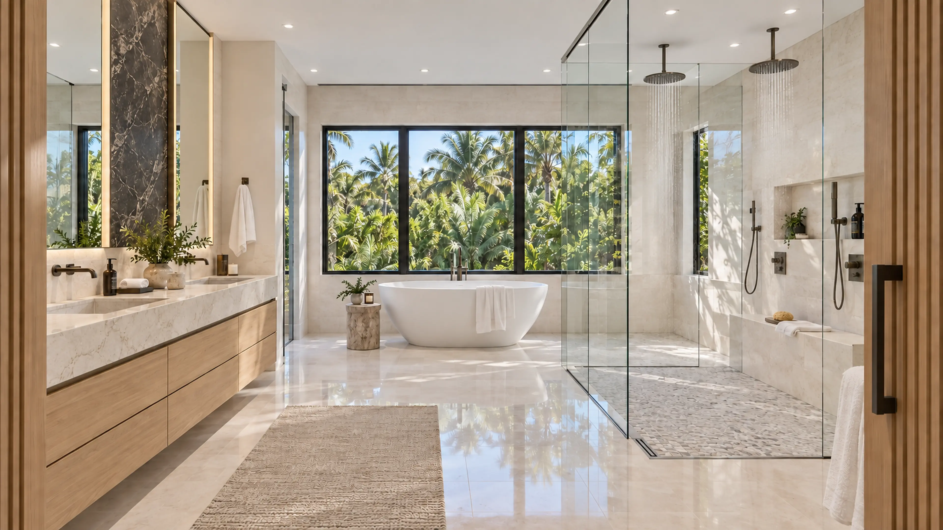 Primary spa bathroom with a freestanding tub, rift-oak double vanity, dark stone accent, tropical garden window, and double shower.