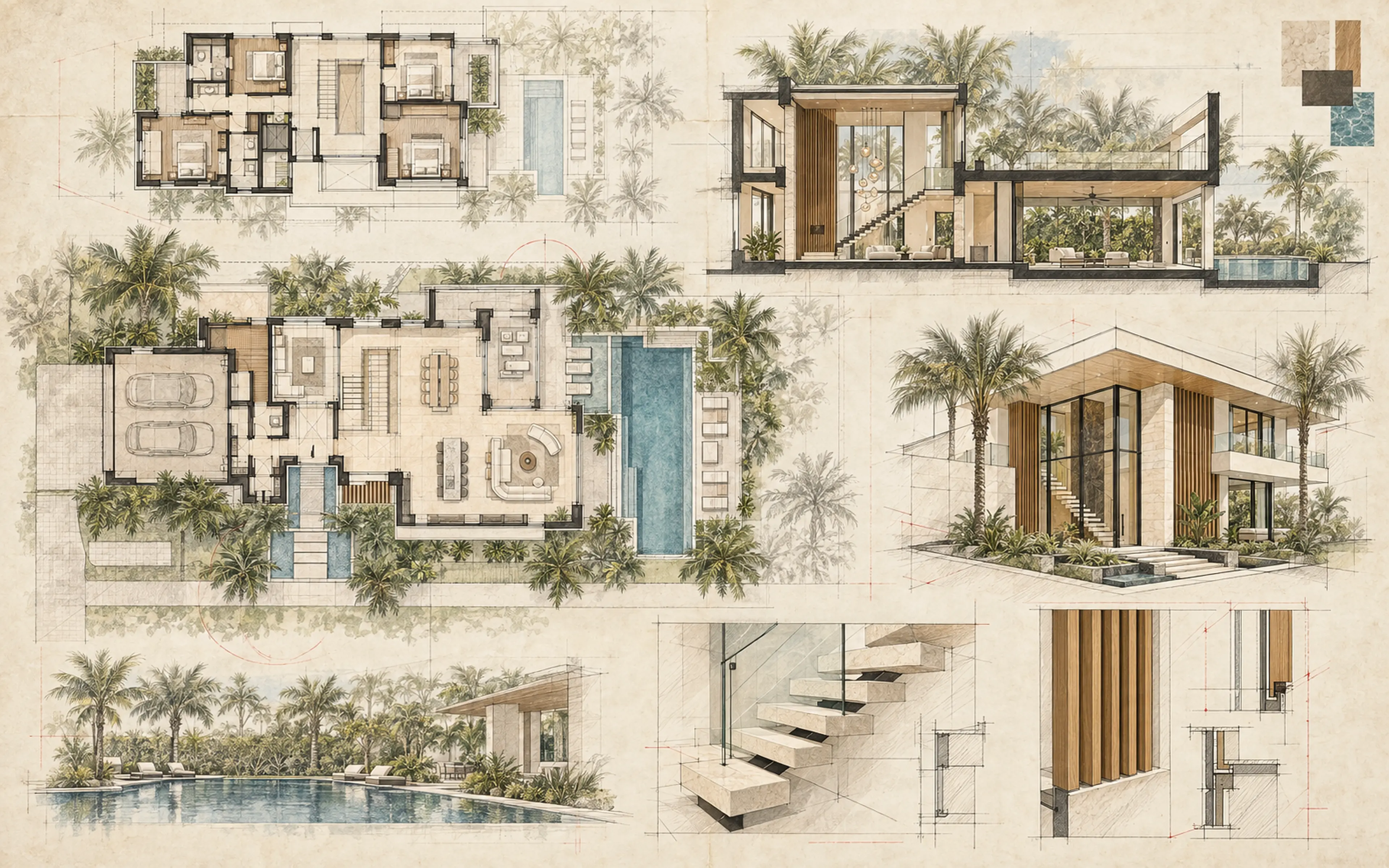 Layered Le Lac Road architectural study with floor plans, building section, pool courtyard, facade axonometric, stair detail, and oak-screen detail.
