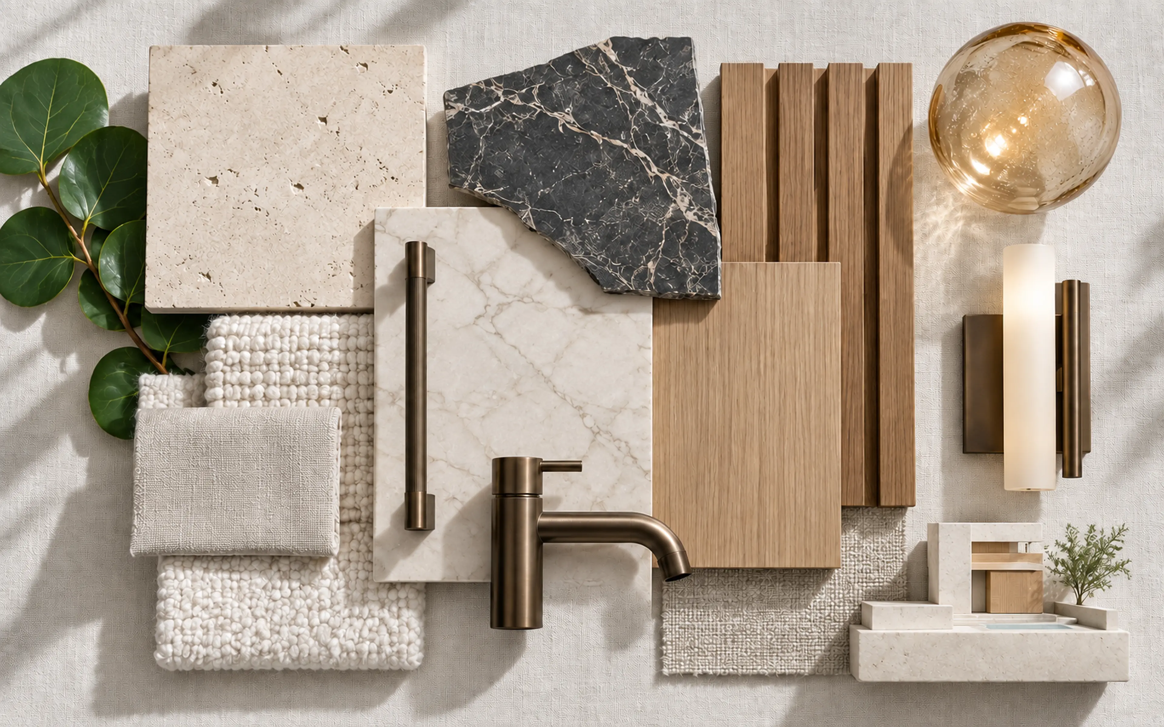 Le Lac Road material palette with coral limestone, ivory quartzite, charcoal stone, natural oak, bronze, amber glass, boucle, linen, and wool.