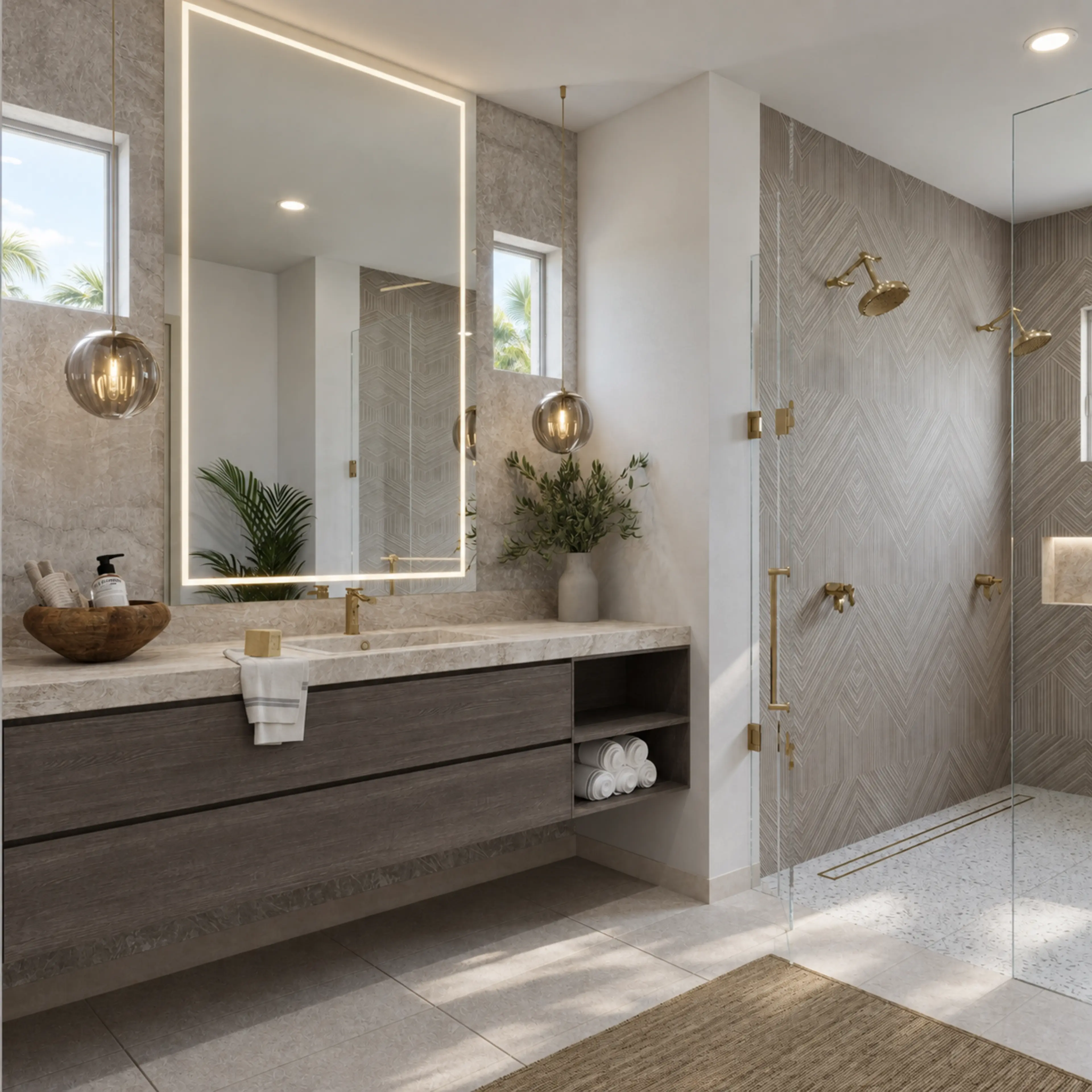 Bathroom vanity viewed from beside the walk-in shower.