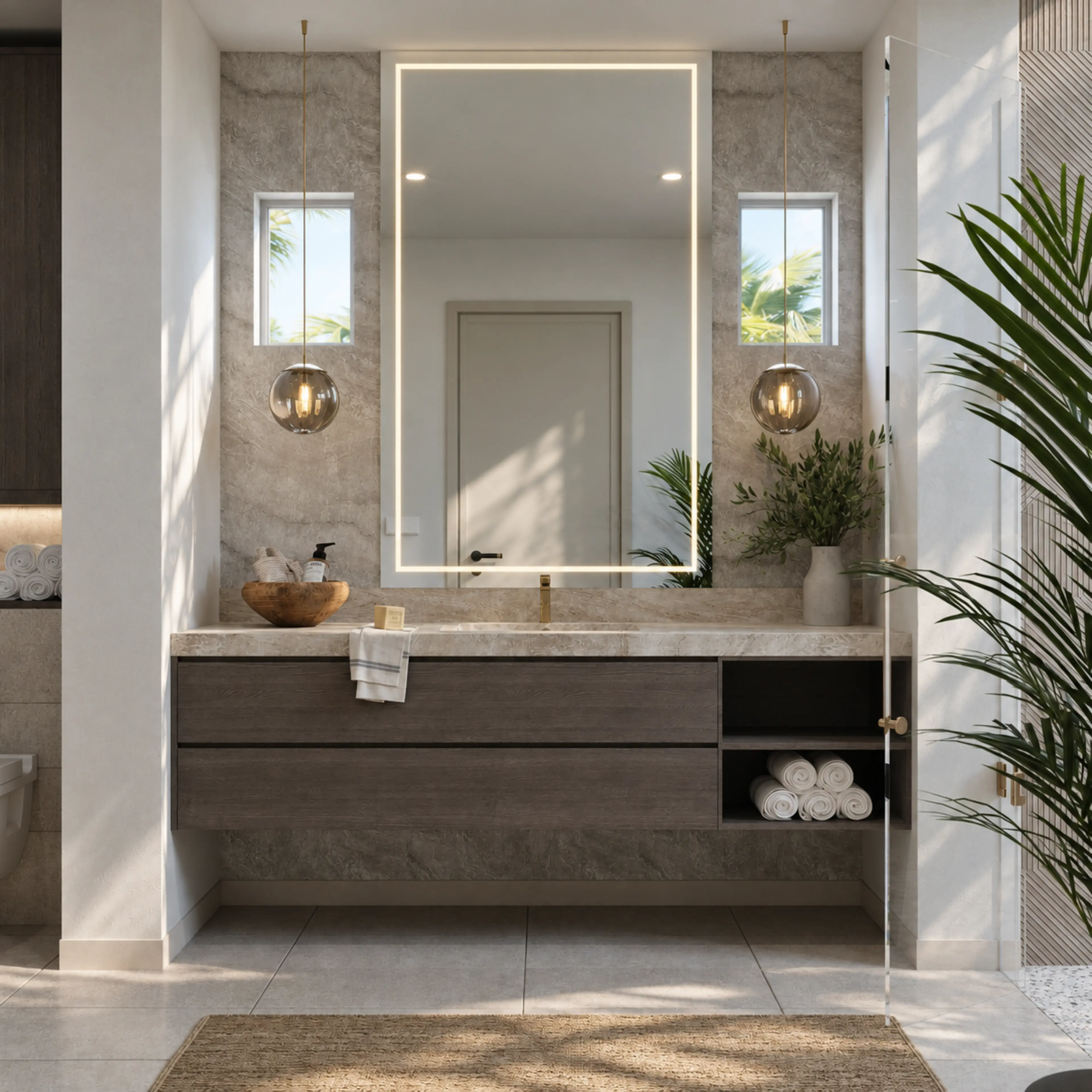 Bathroom vanity with a broad mirror and pendant lighting.