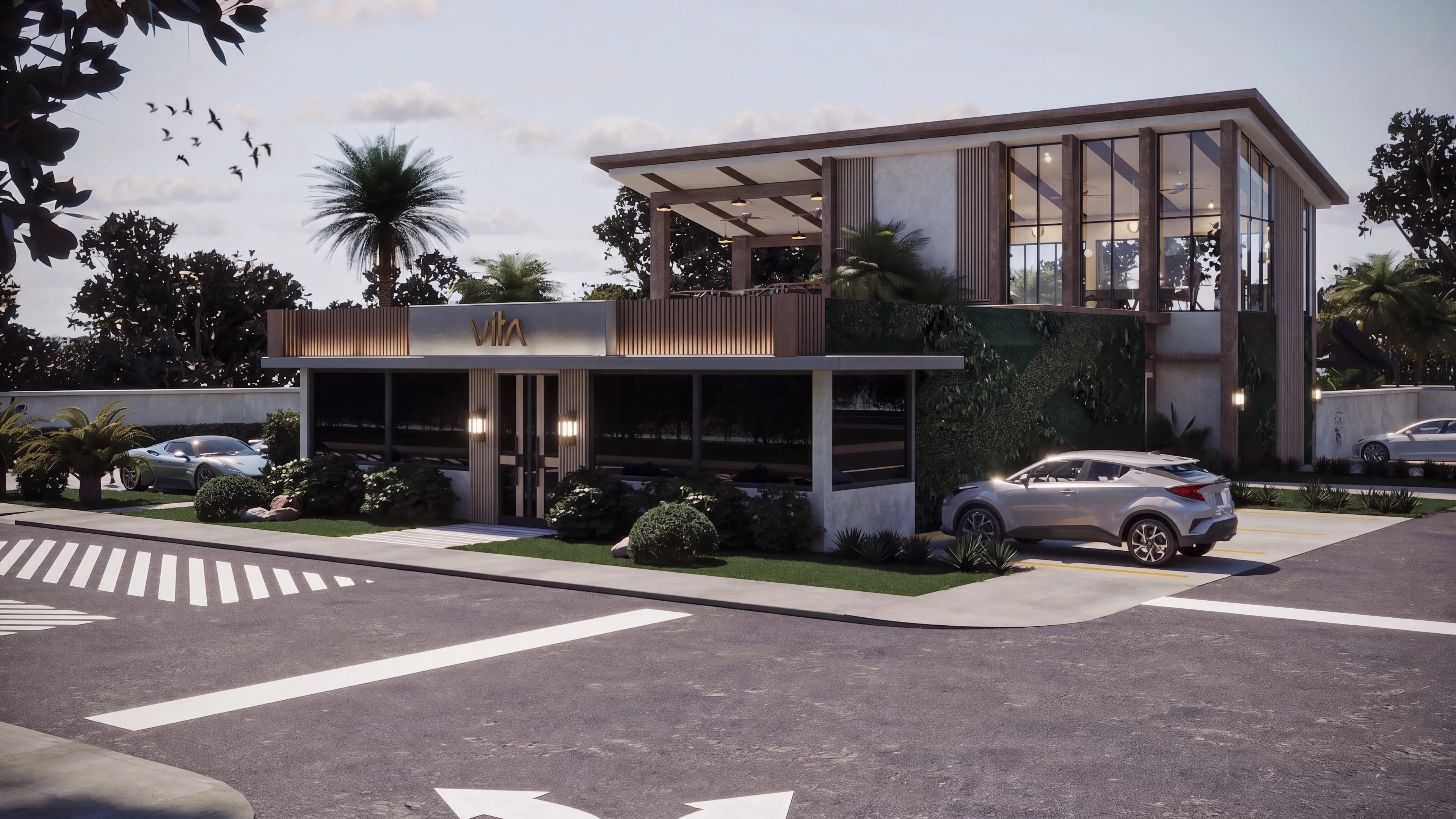 Wellness center exterior with upper-level glazing and a street entrance.