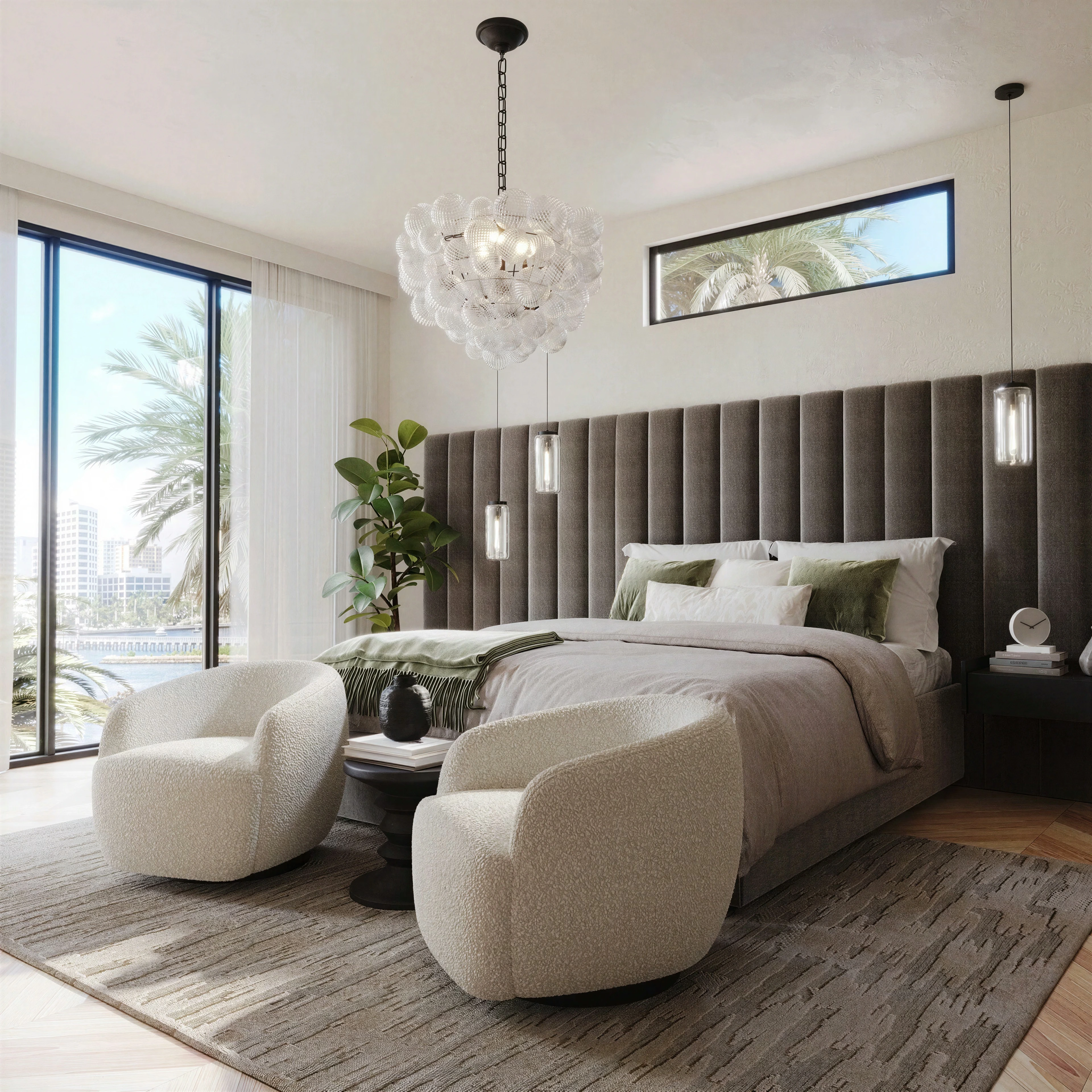 Bedroom with a dark feature headboard and large windows.