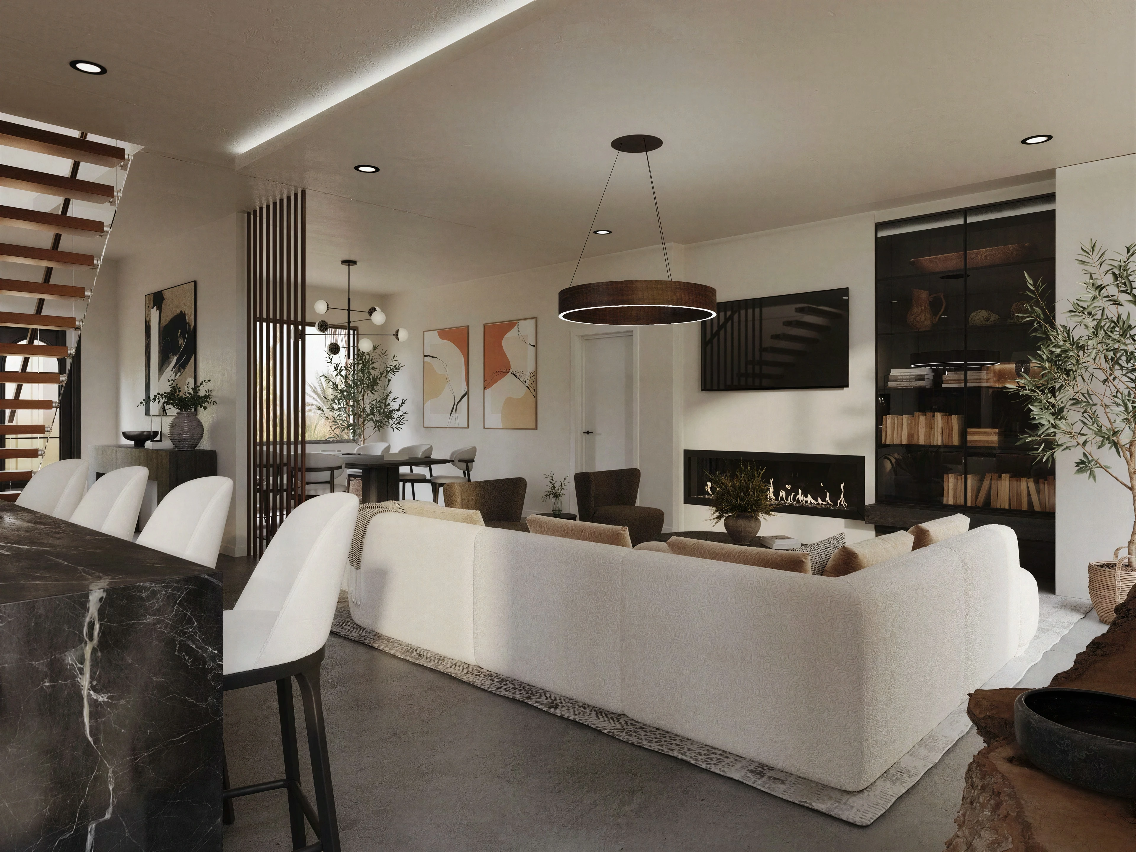 Living room with curved seating and a feature fireplace.
