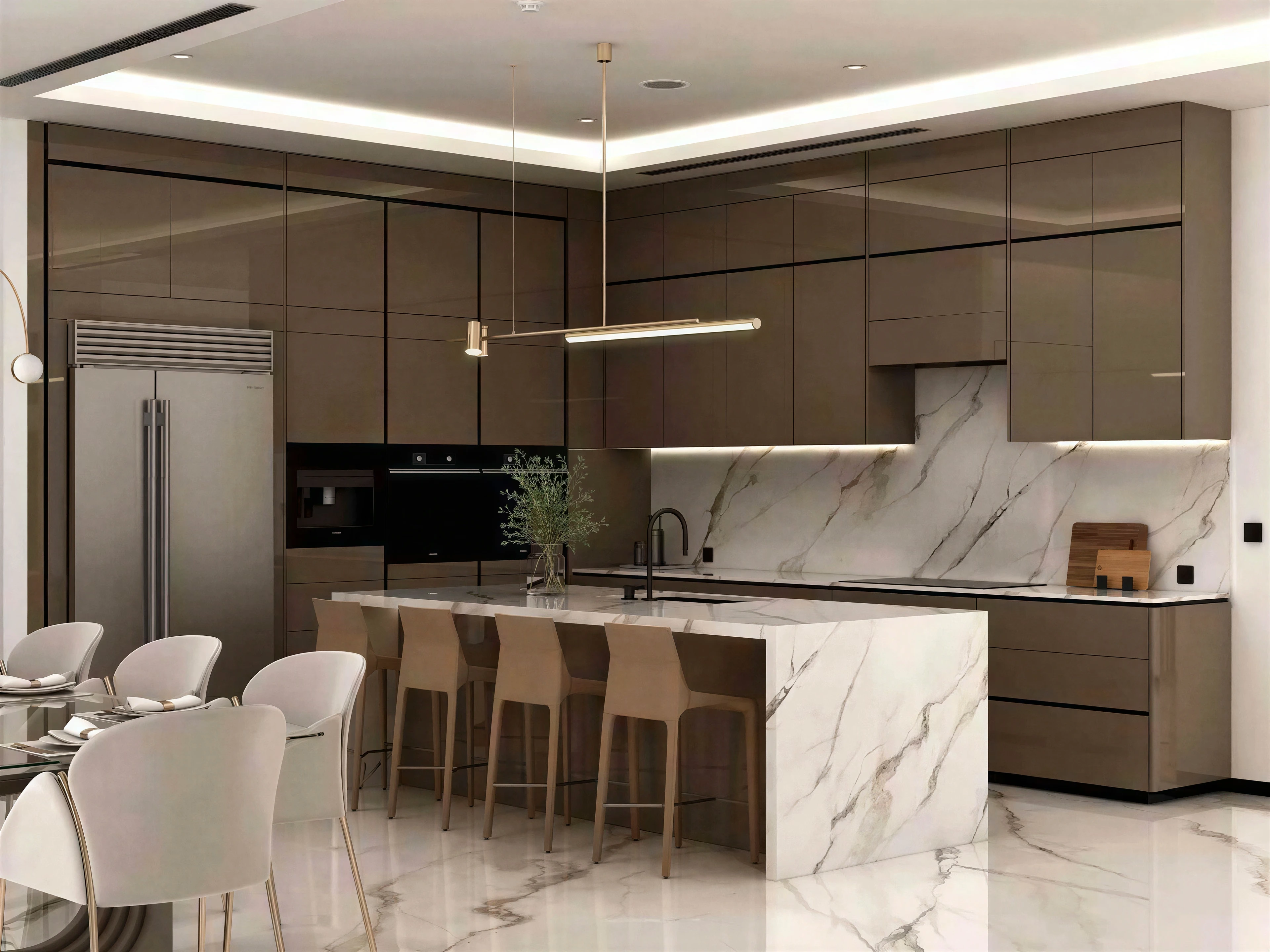 Kitchen island with four stools beside the dining table.