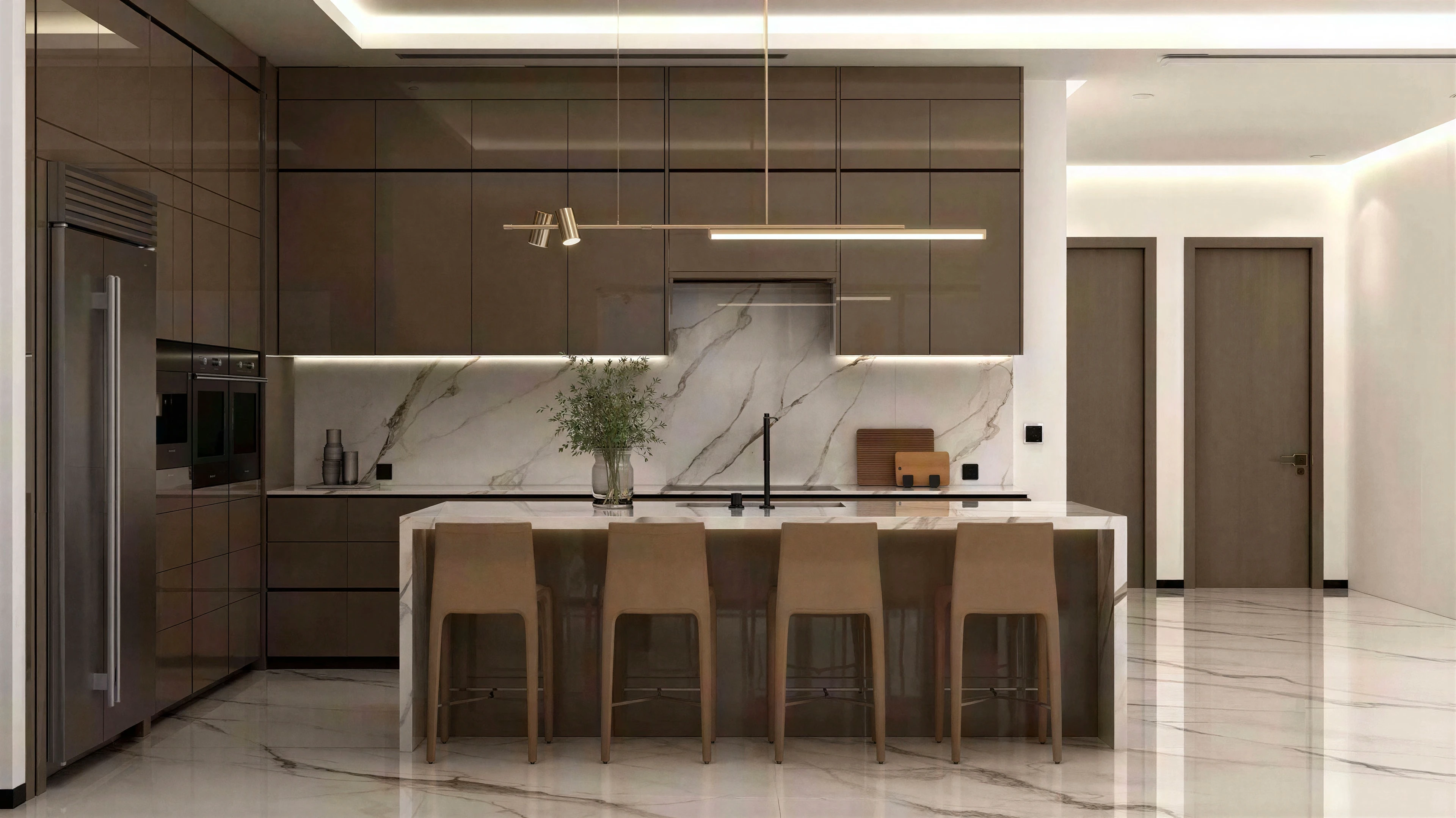 Front view of the kitchen island and dark wood cabinetry.