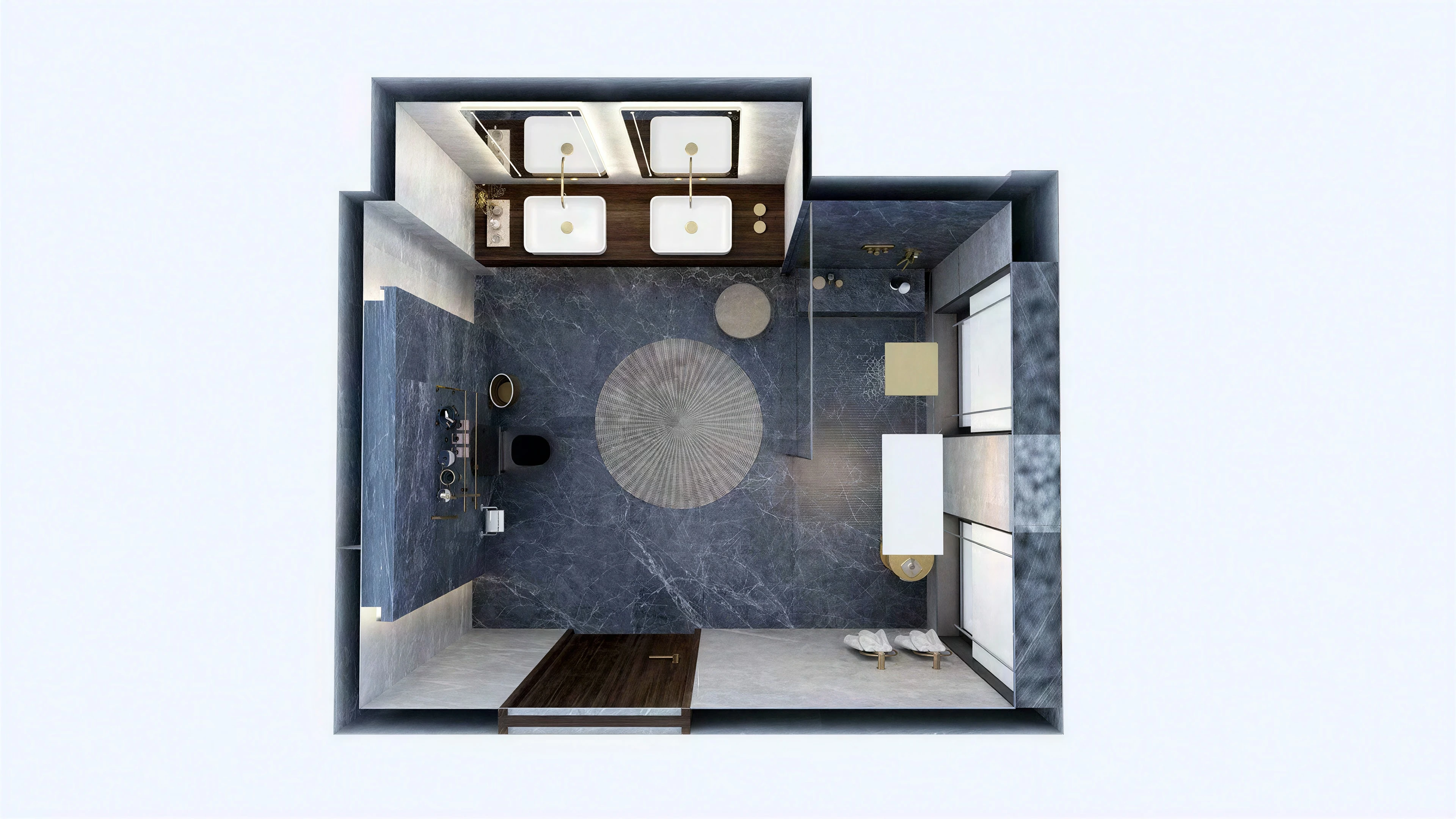 Overhead bathroom layout showing the vanity, shower and tub.