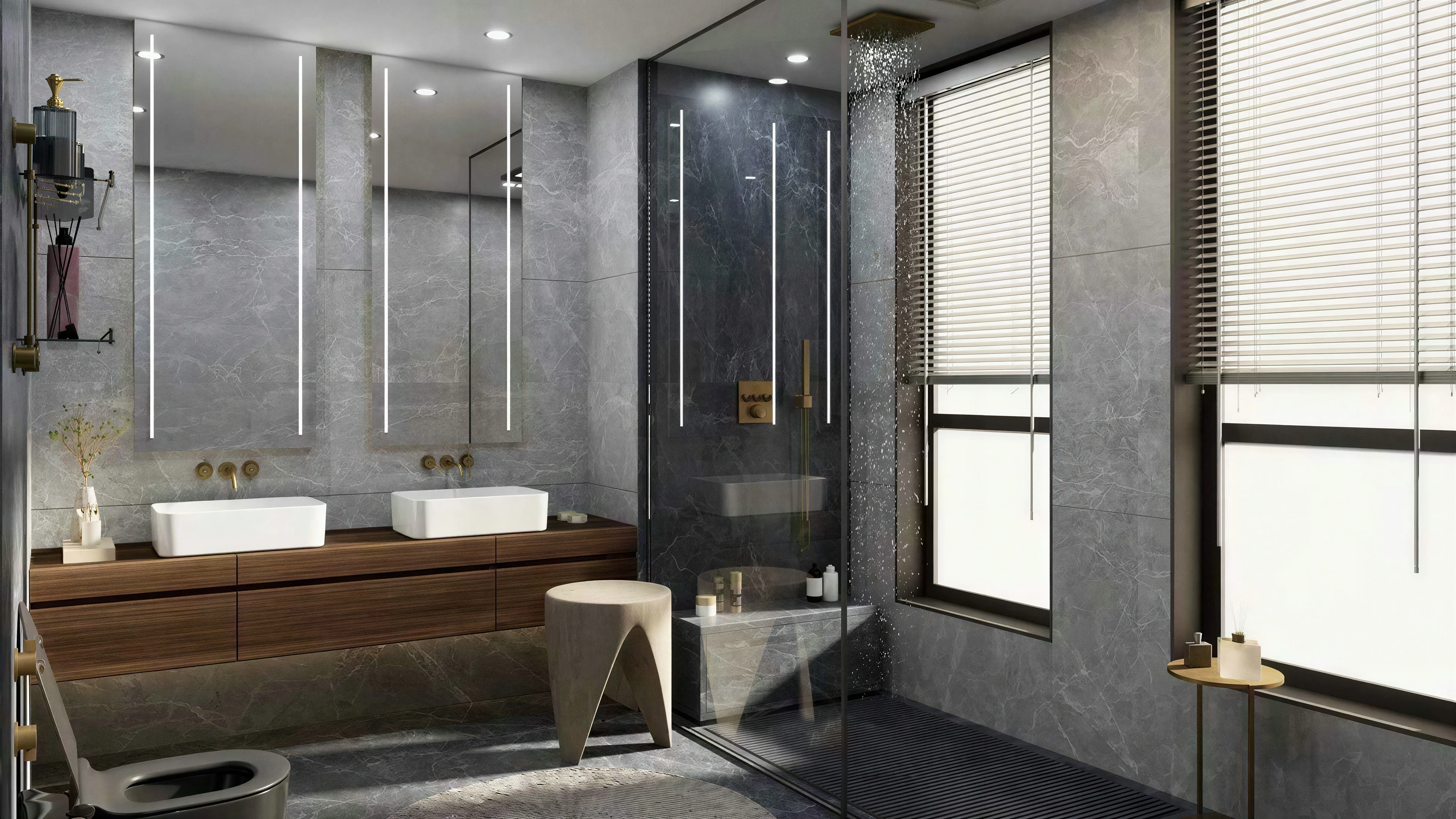 Dark bathroom with a wood vanity and glass shower enclosure.