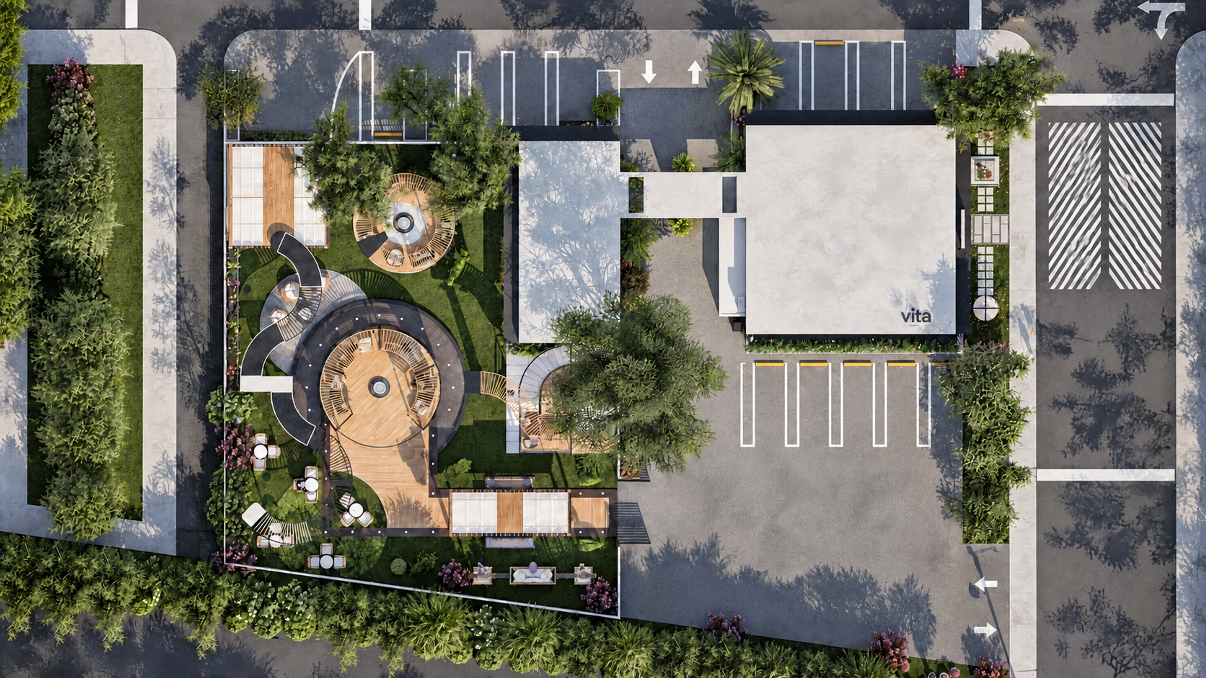 Overhead site view of the med spa and its landscaped outdoor areas.