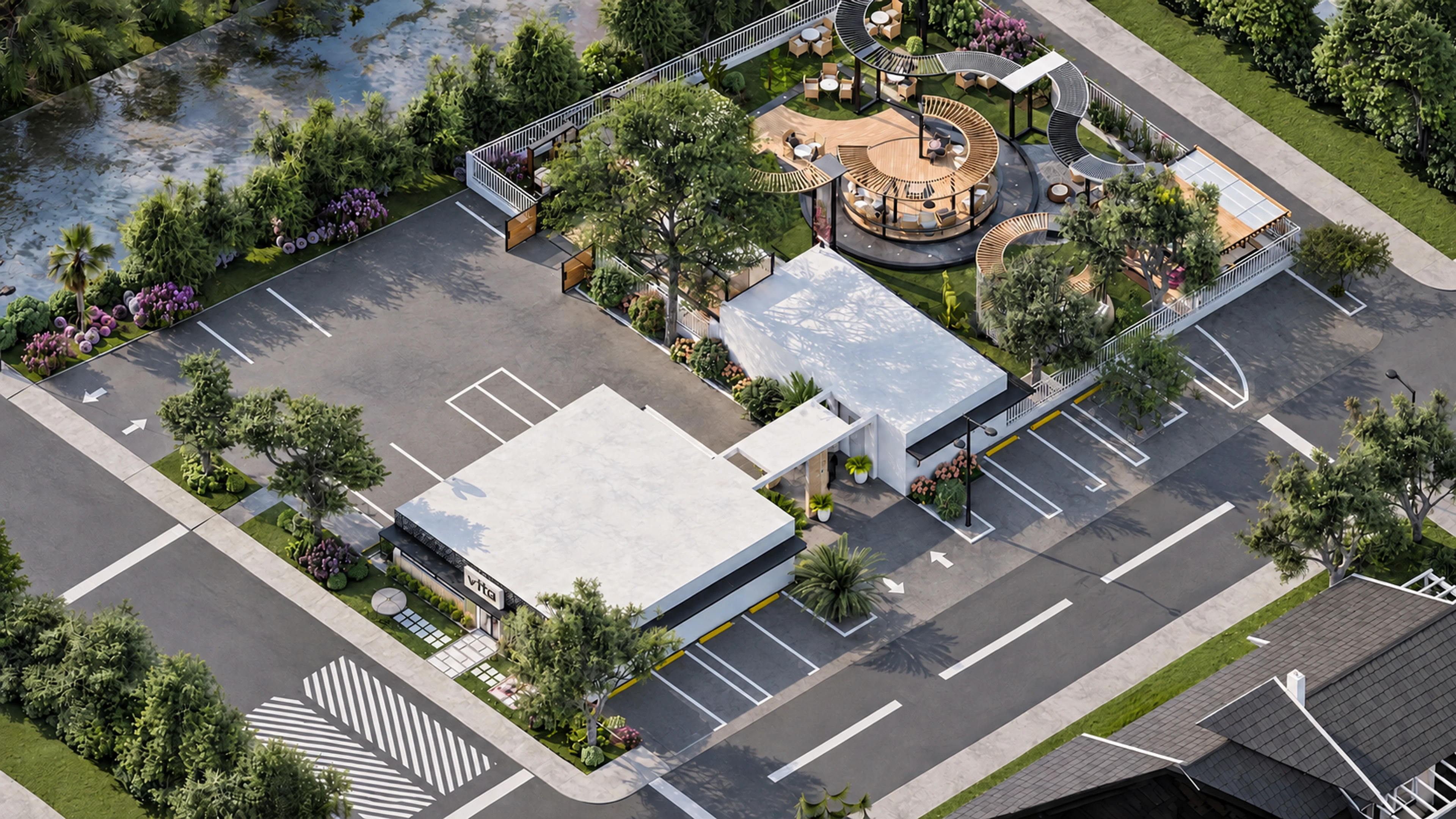 Aerial view of the med spa buildings, gardens and parking areas.