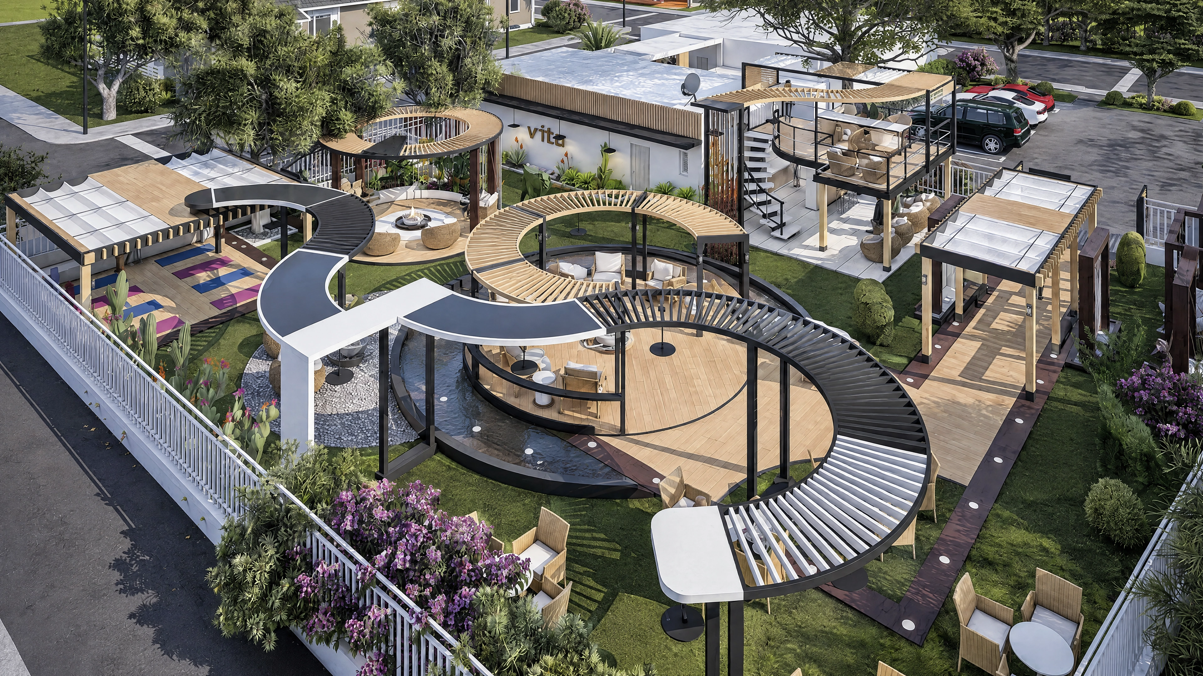 Aerial view of the outdoor courtyard and layered pergola structures.