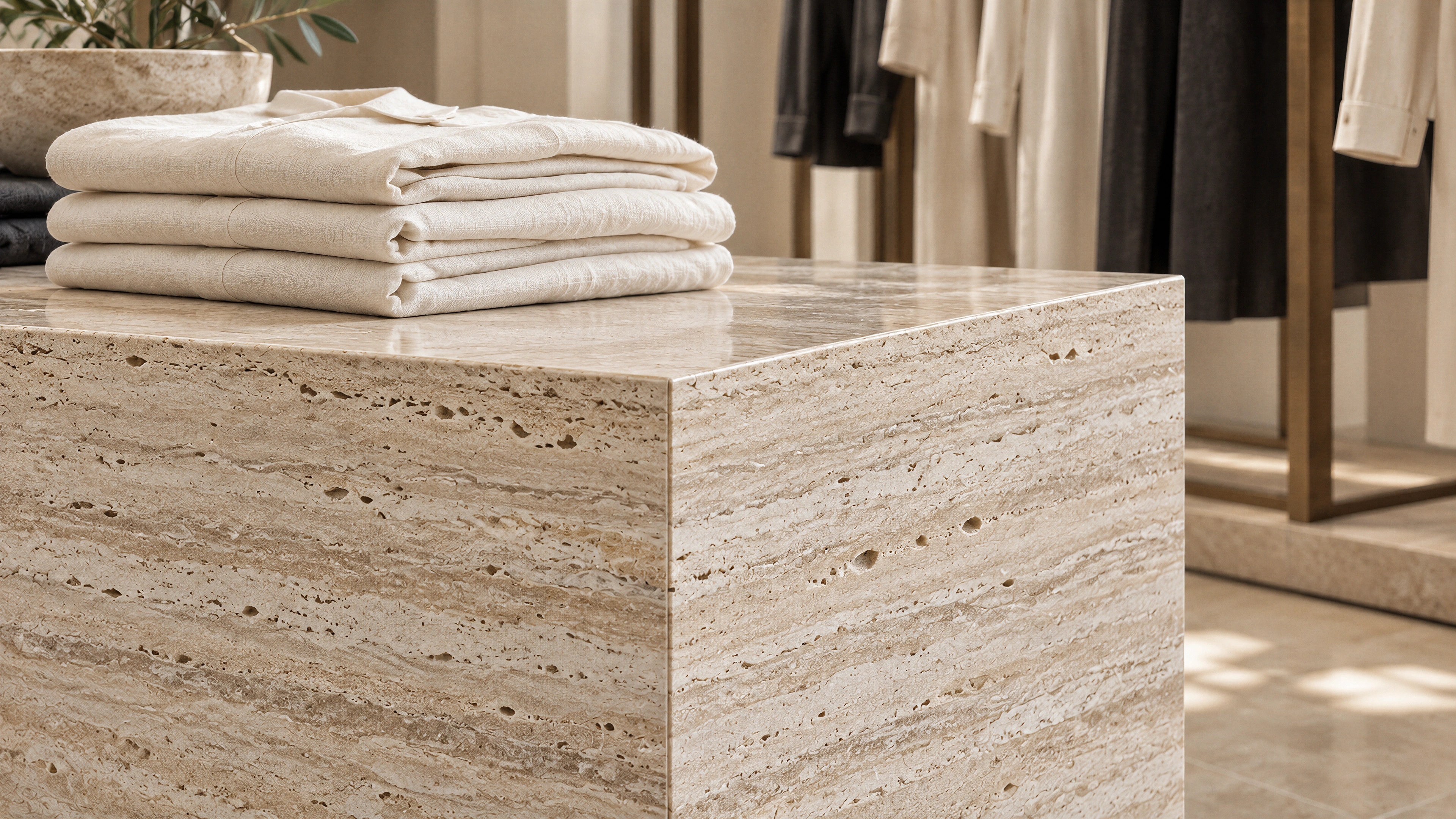 Mizner Park Apparel Boutique — travertine and linen; AI-generated design-concept visualization.