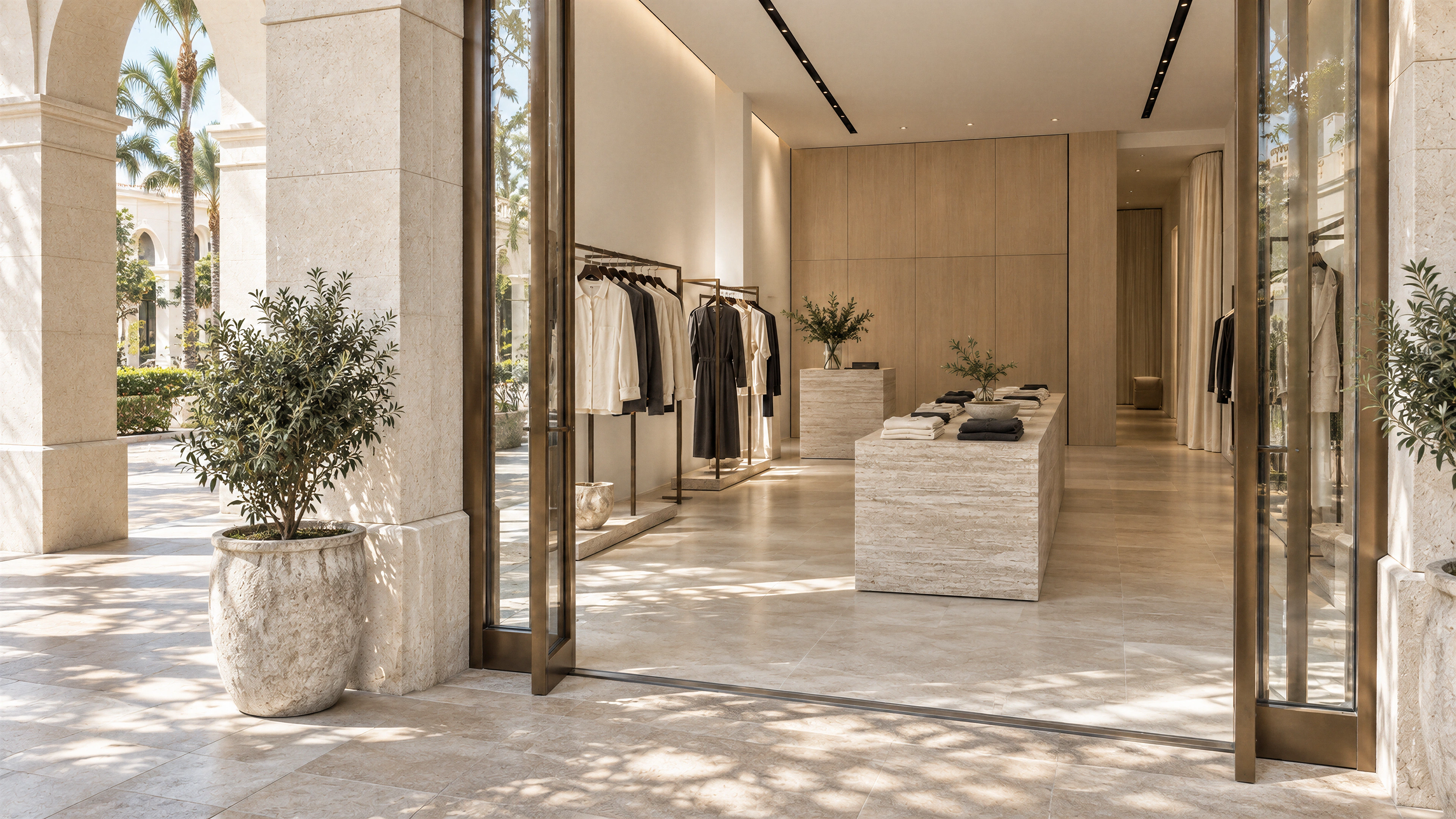 Mizner Park Apparel Boutique — the storefront threshold; AI-generated design-concept visualization.
