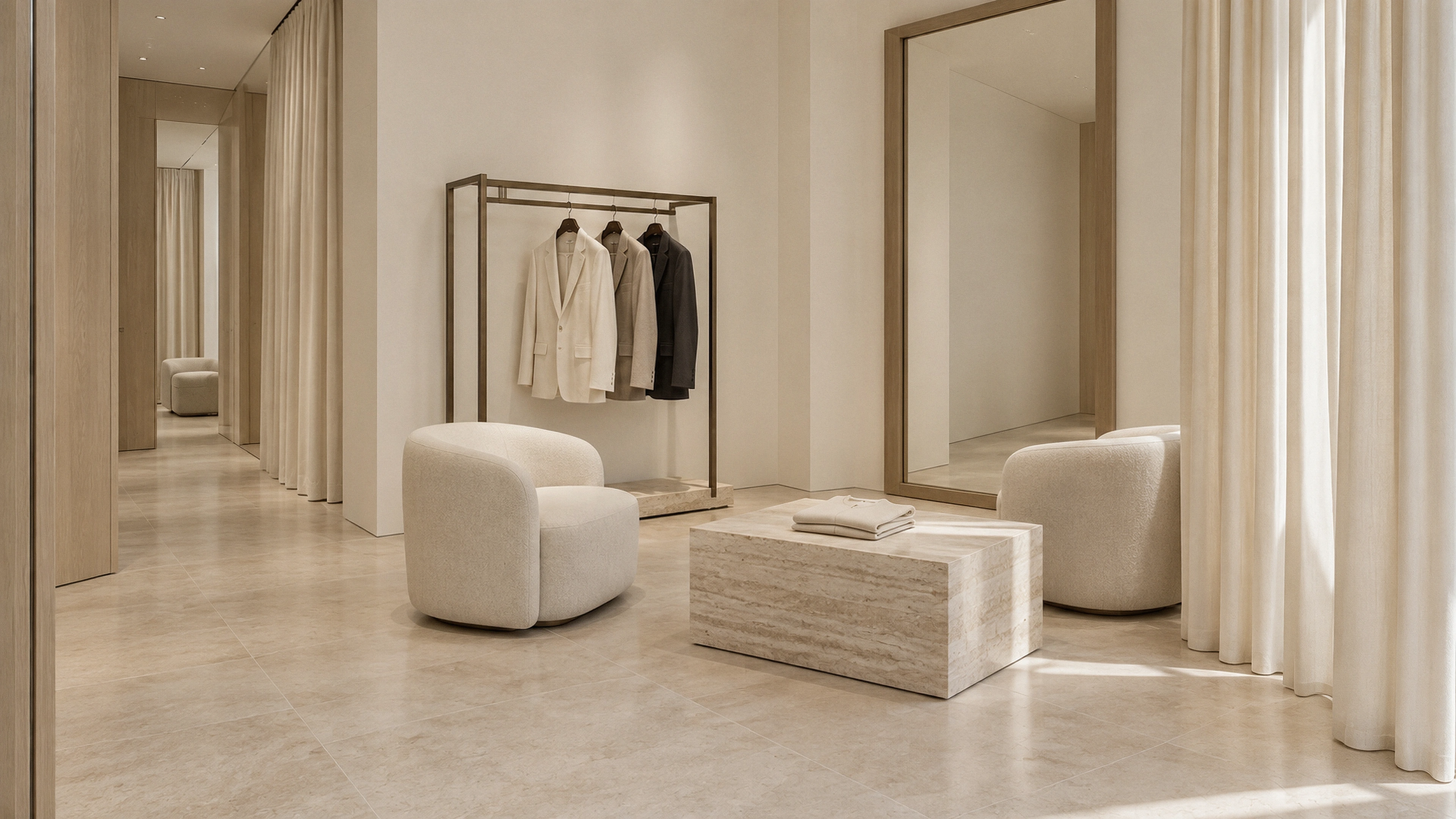 Mizner Park Apparel Boutique — the private styling room; AI-generated design-concept visualization.
