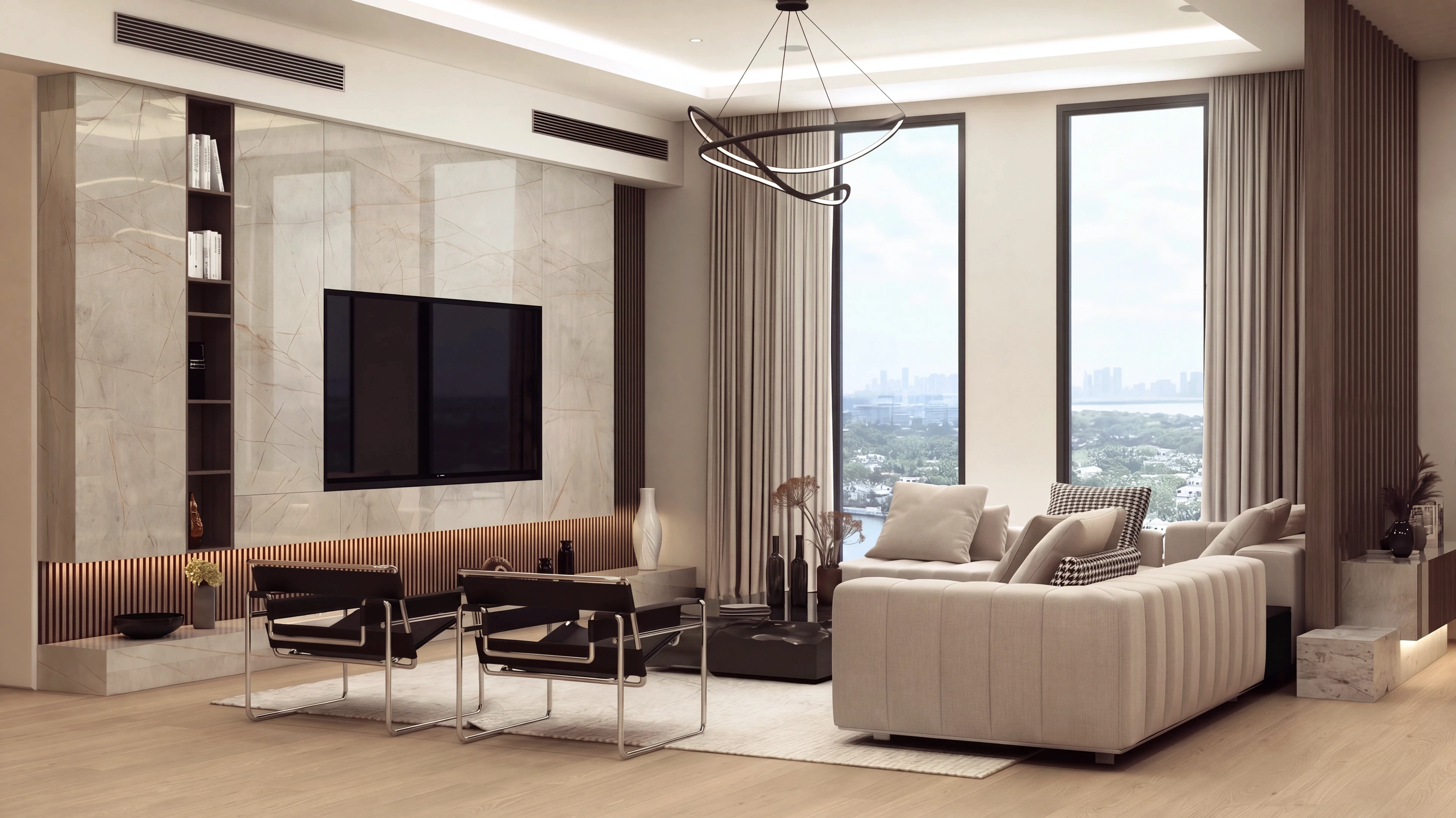 Finished living room with a wall-mounted television, stone media wall, cream sectional and tall windows.