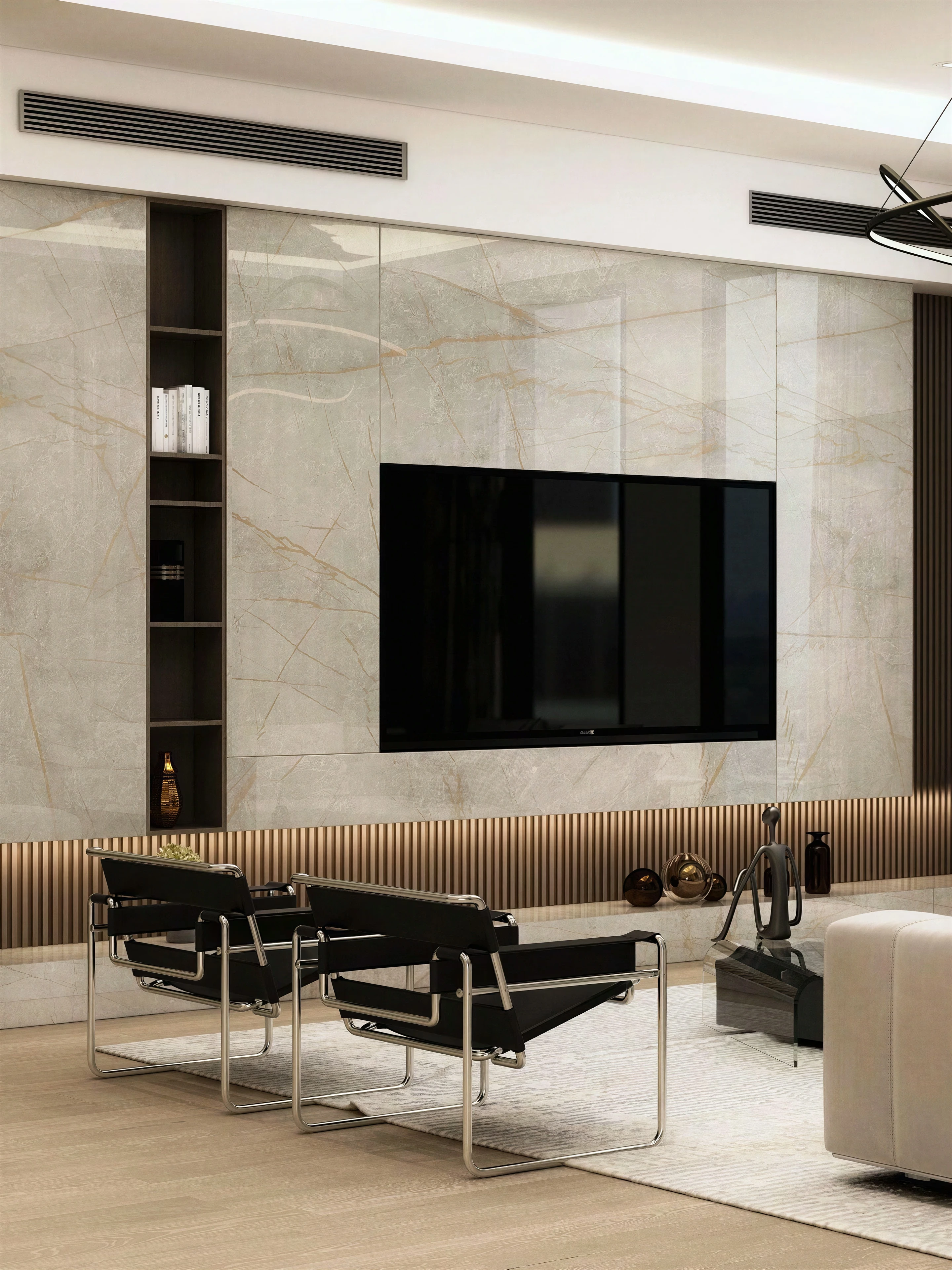 Television feature wall with a suspended console.