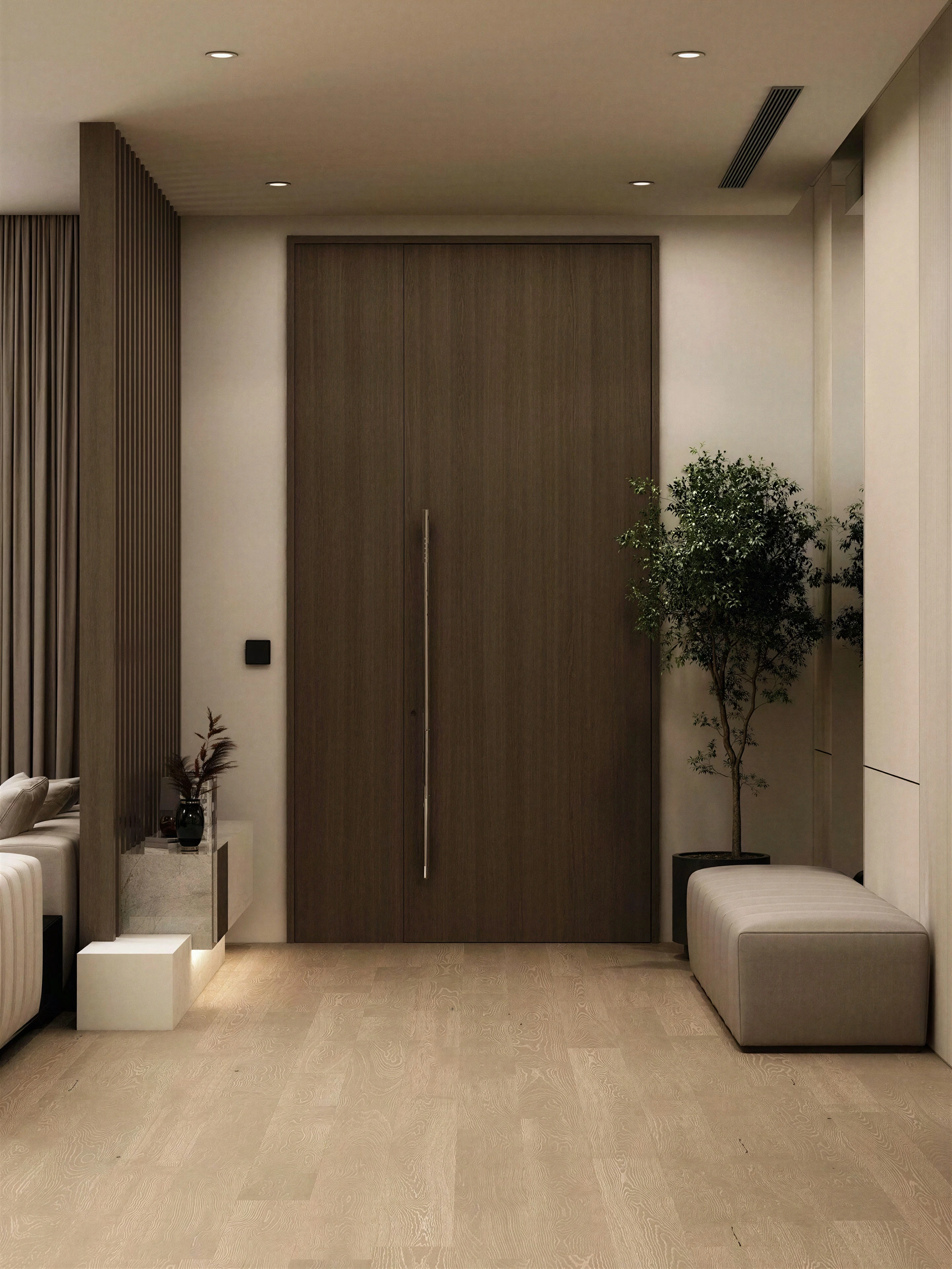 Living room entry with a wood door and upholstered bench.