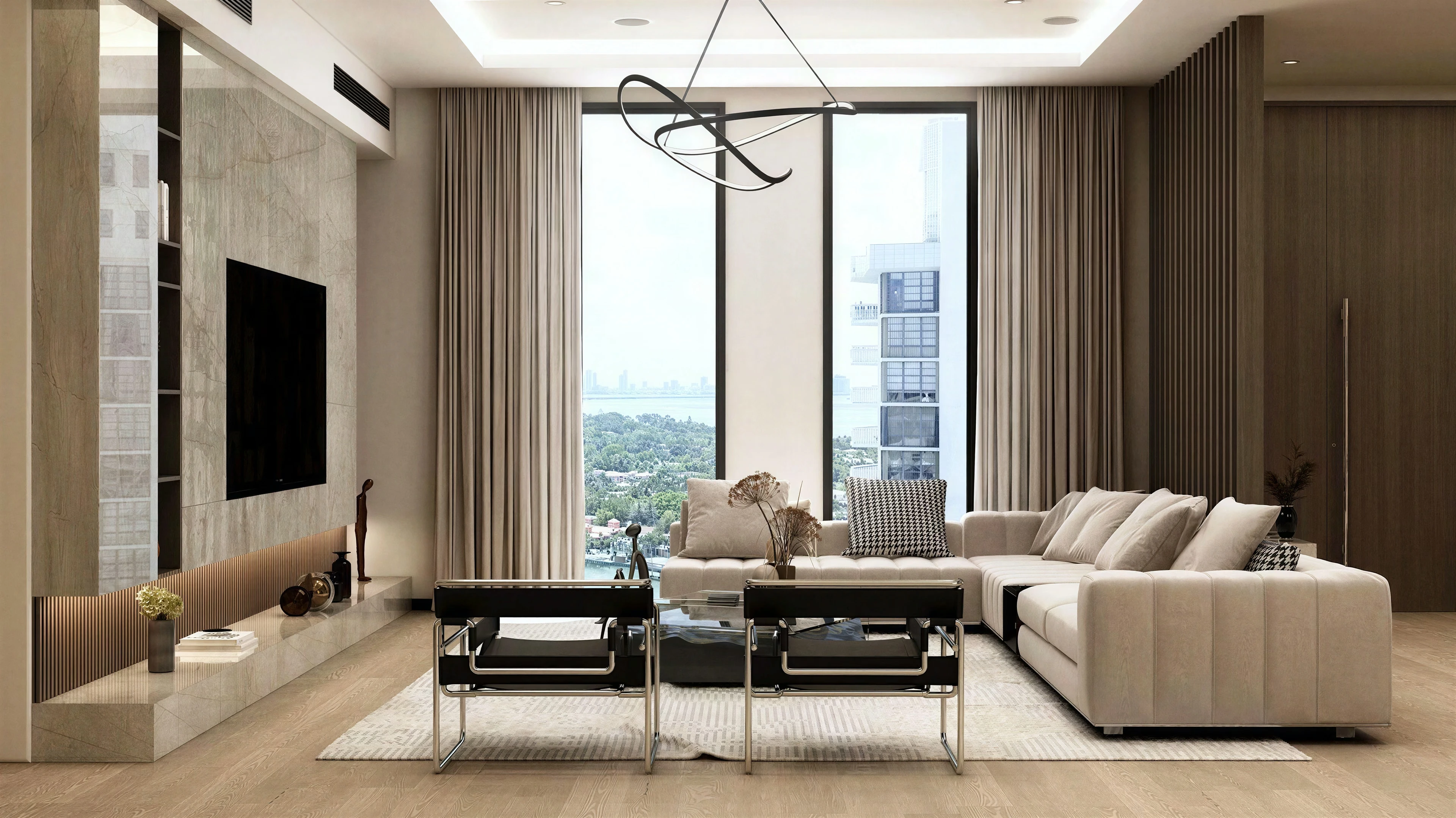 Living room with a sectional sofa, tall window and television wall.