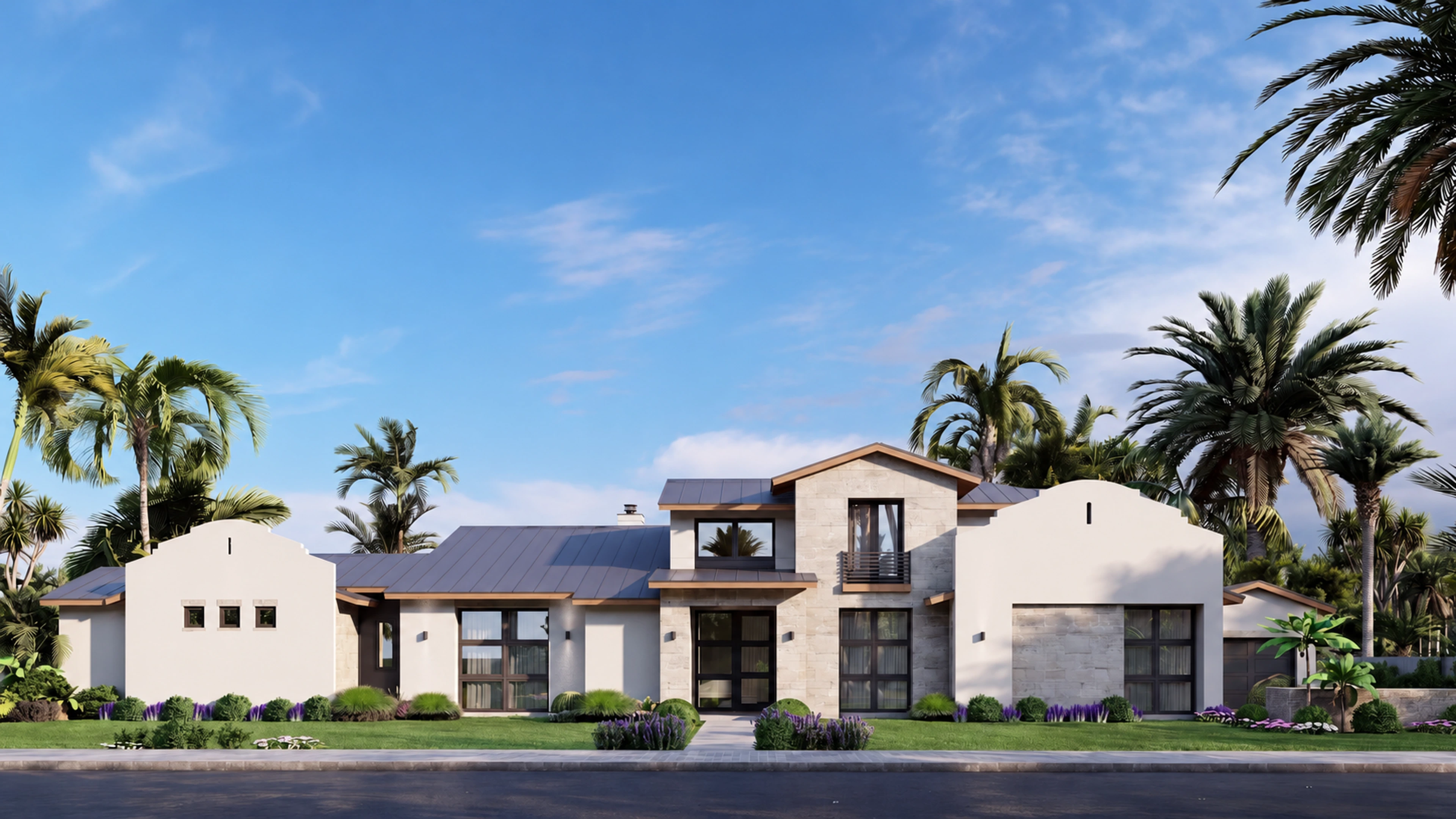 Front exterior of a modern home with an upper-level entry feature.