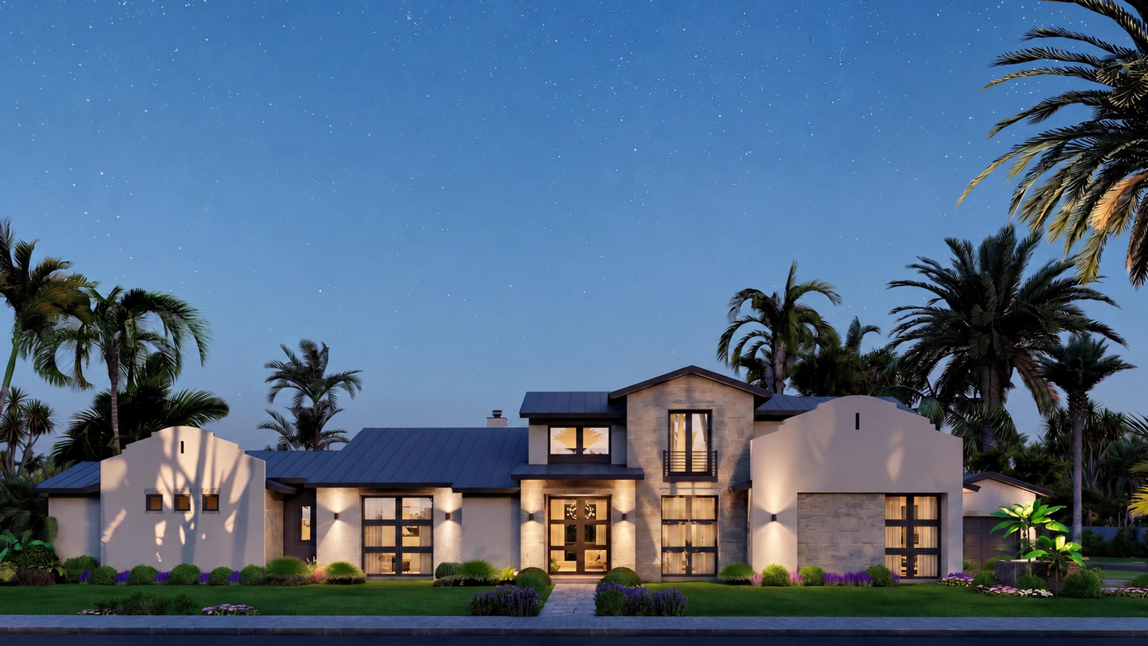 Front elevation with warm lighting at dusk.