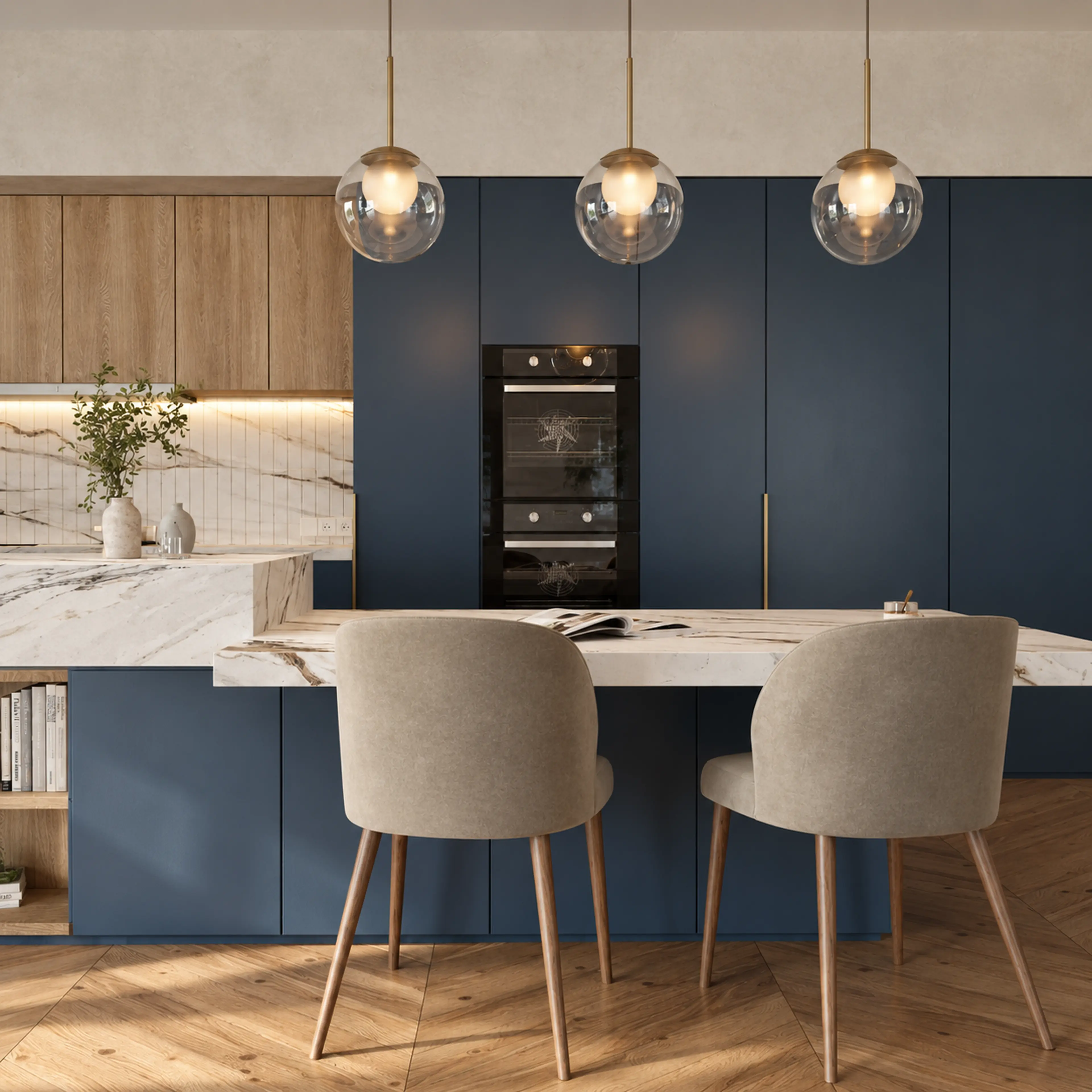 Front photographic view of island seating beneath three glass pendants.