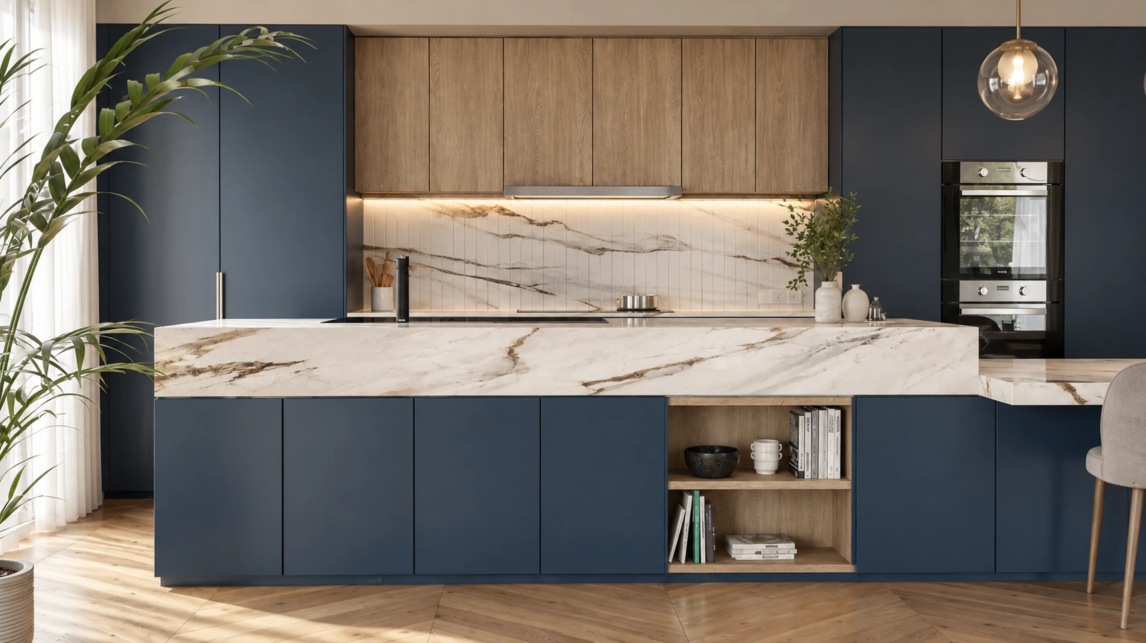 Wide photographic elevation of the island, open shelf and illuminated backsplash.