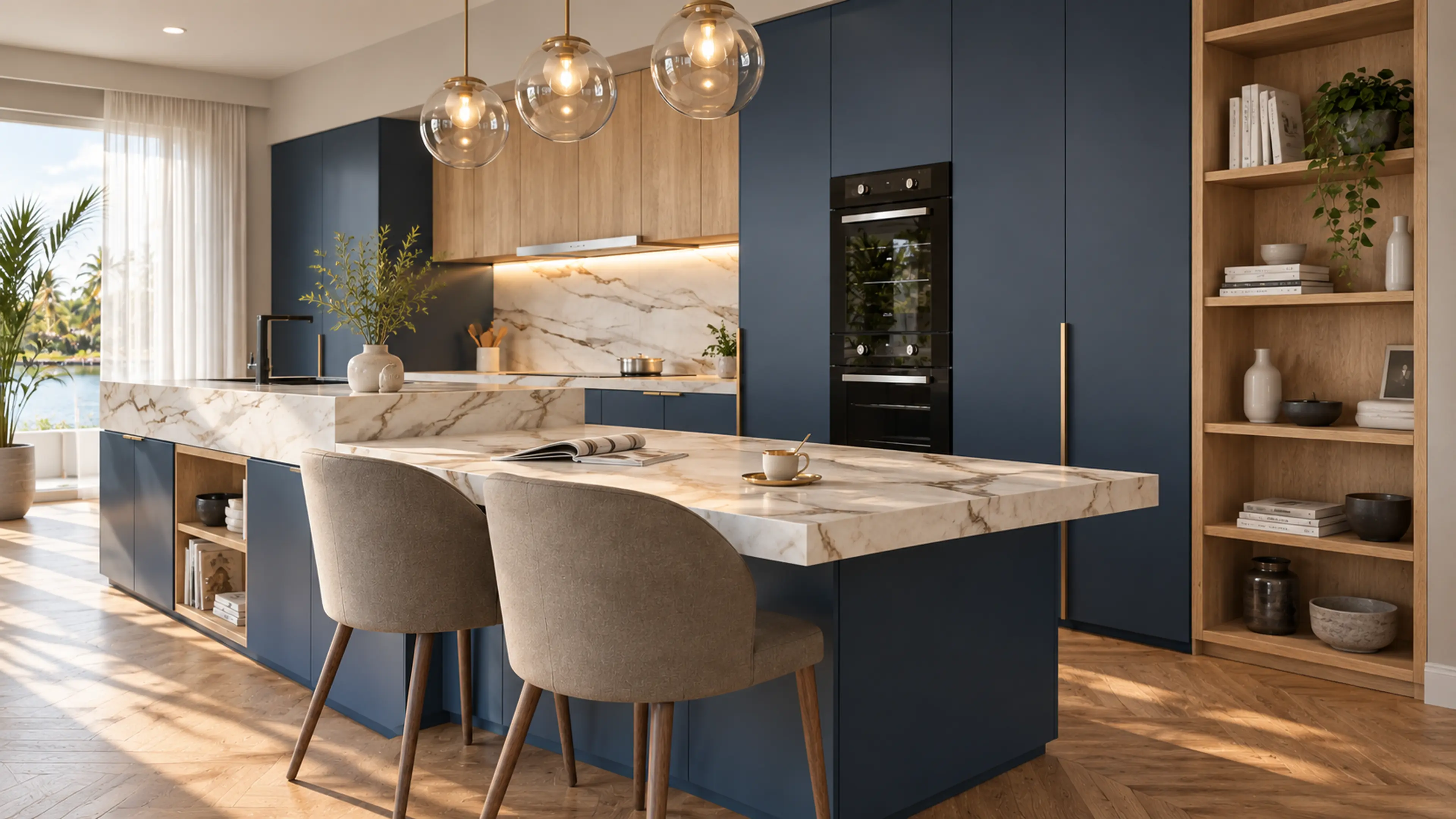 Supplemental Modern Elegance Kitchen project study centered on breakfast seating, the stone island and oak display shelving.