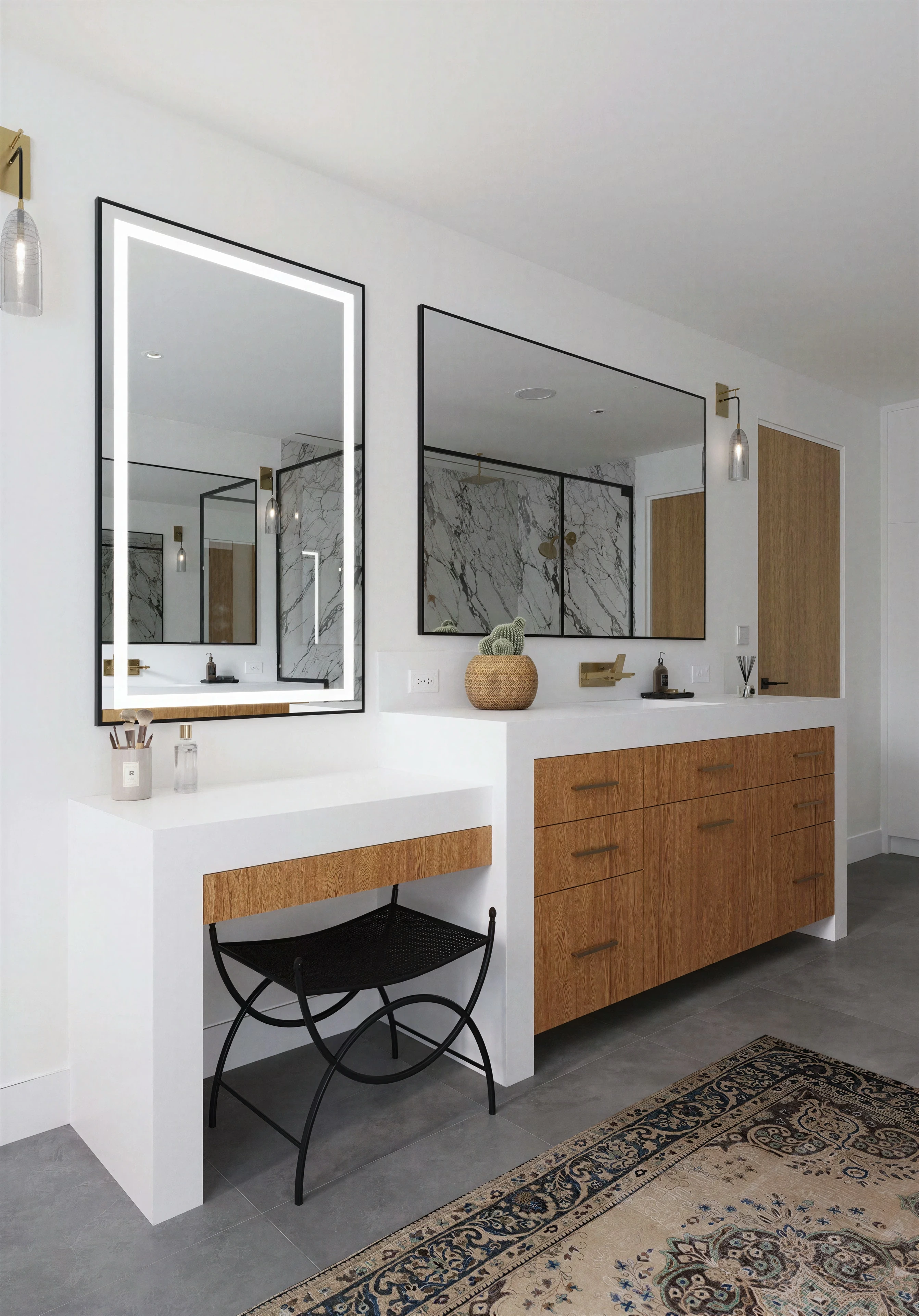 Bathroom vanity with wood cabinetry and a glass shower enclosure.
