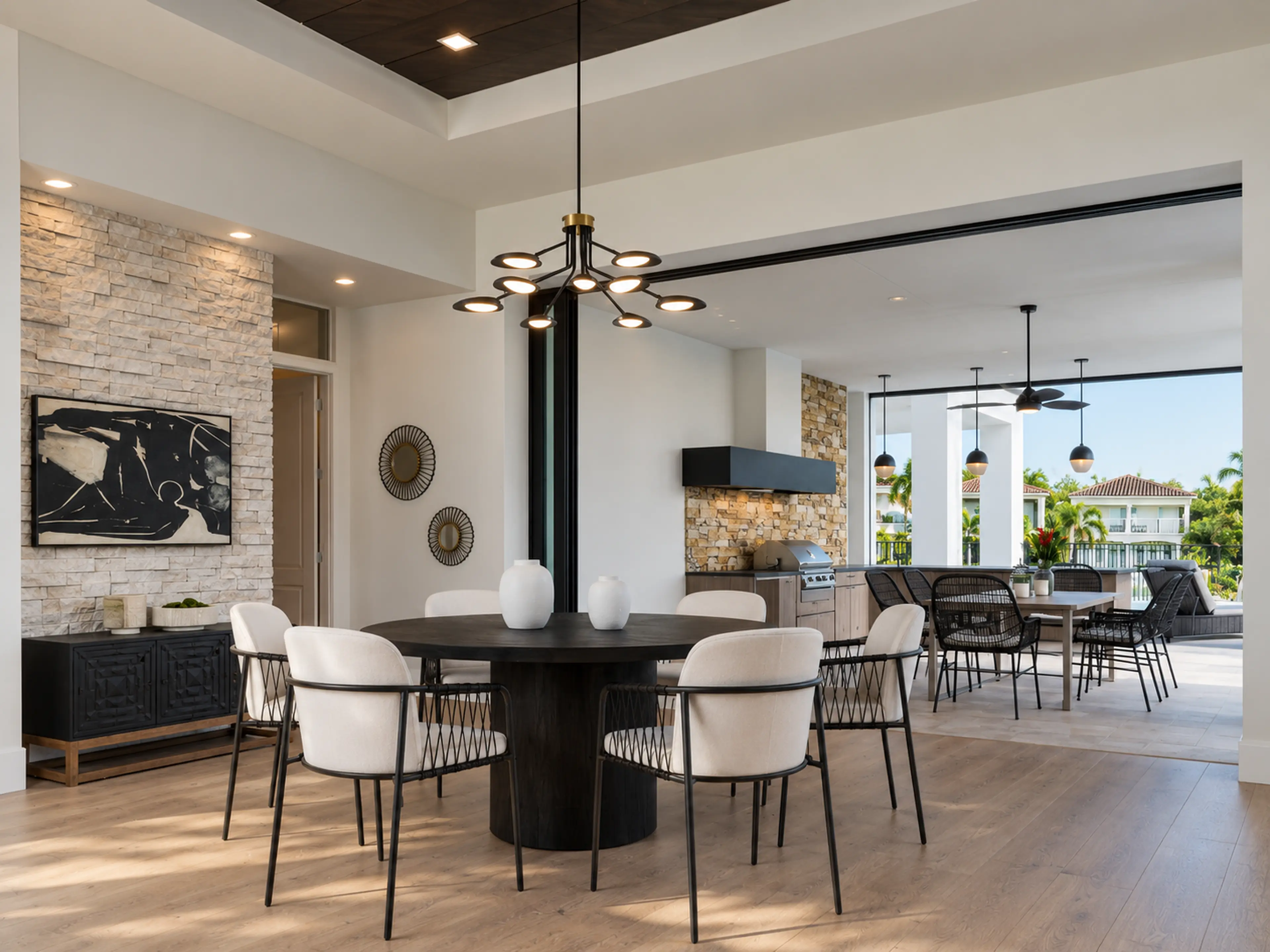 Dining room with a round black table beside the stone fireplace.