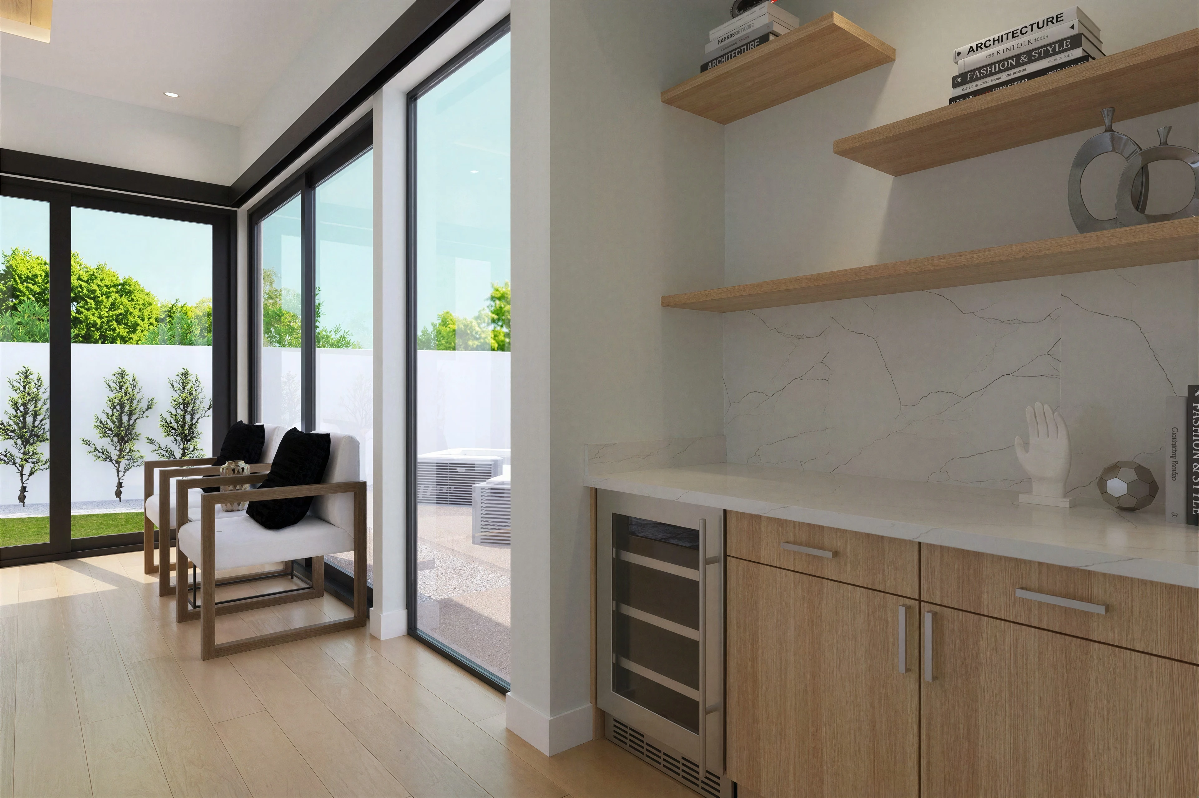 Built-in drinks cabinet with wood shelves.