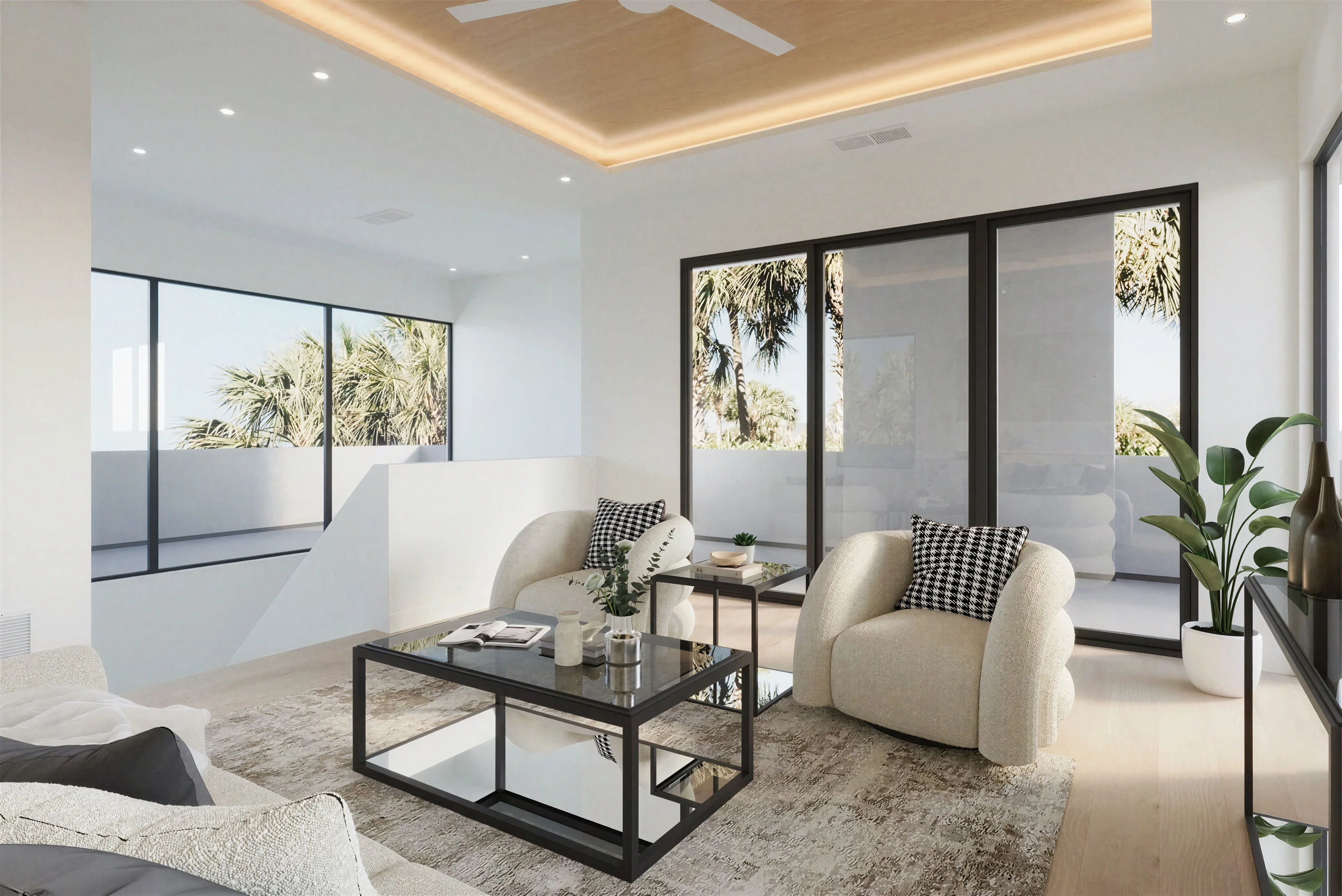 Living room with pale seating and a central coffee table.