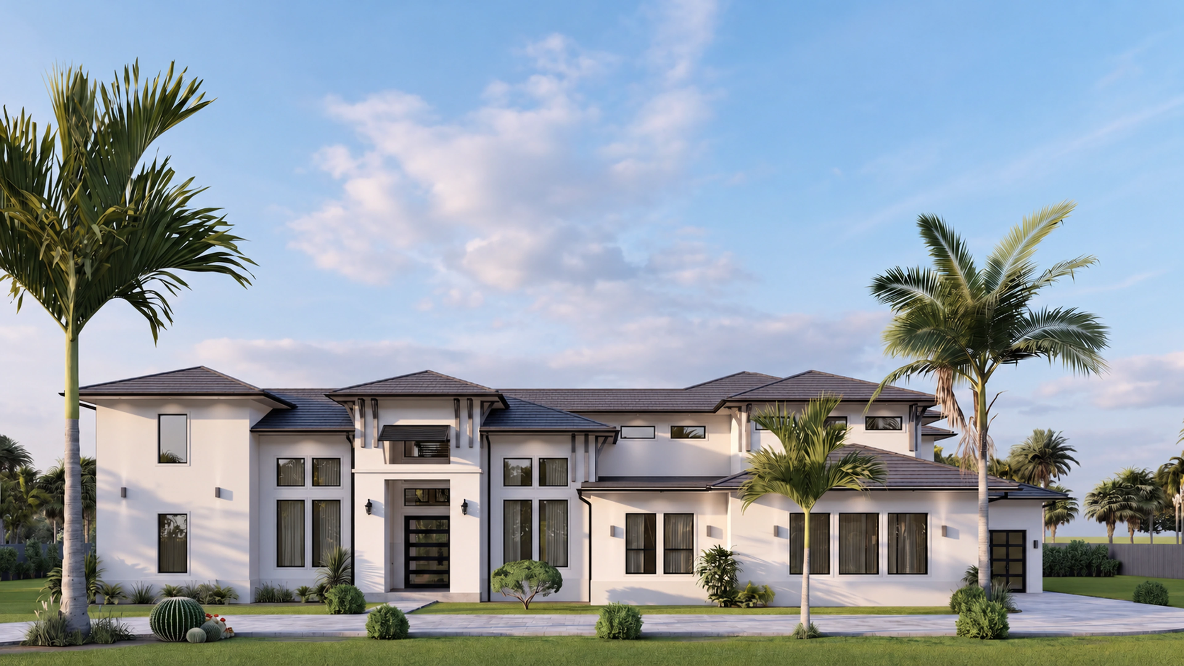 Front elevation of a two-story home framed by palm trees.