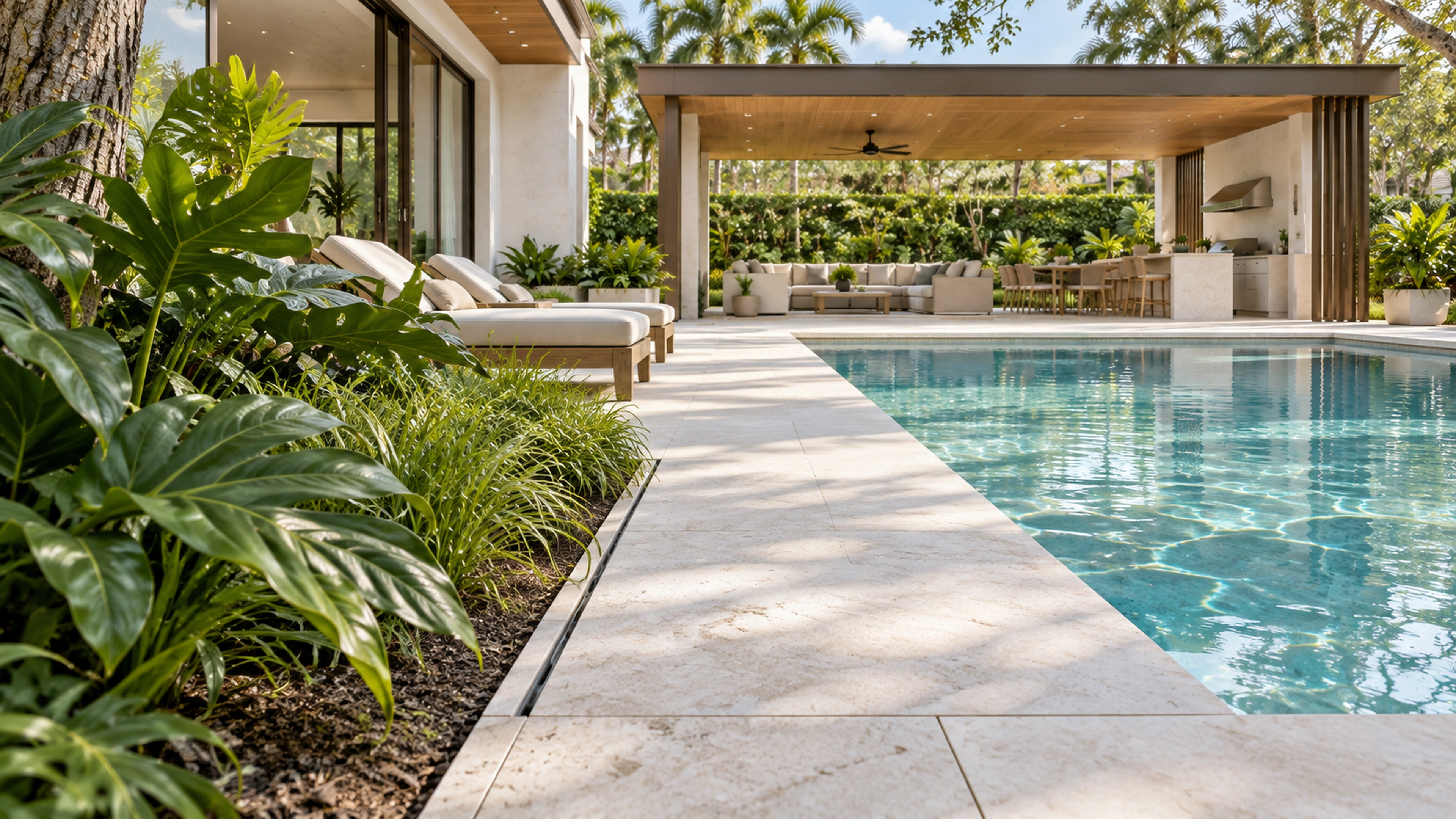 Garden Pavilion & Pool — the planted edge; design-concept visualization.
