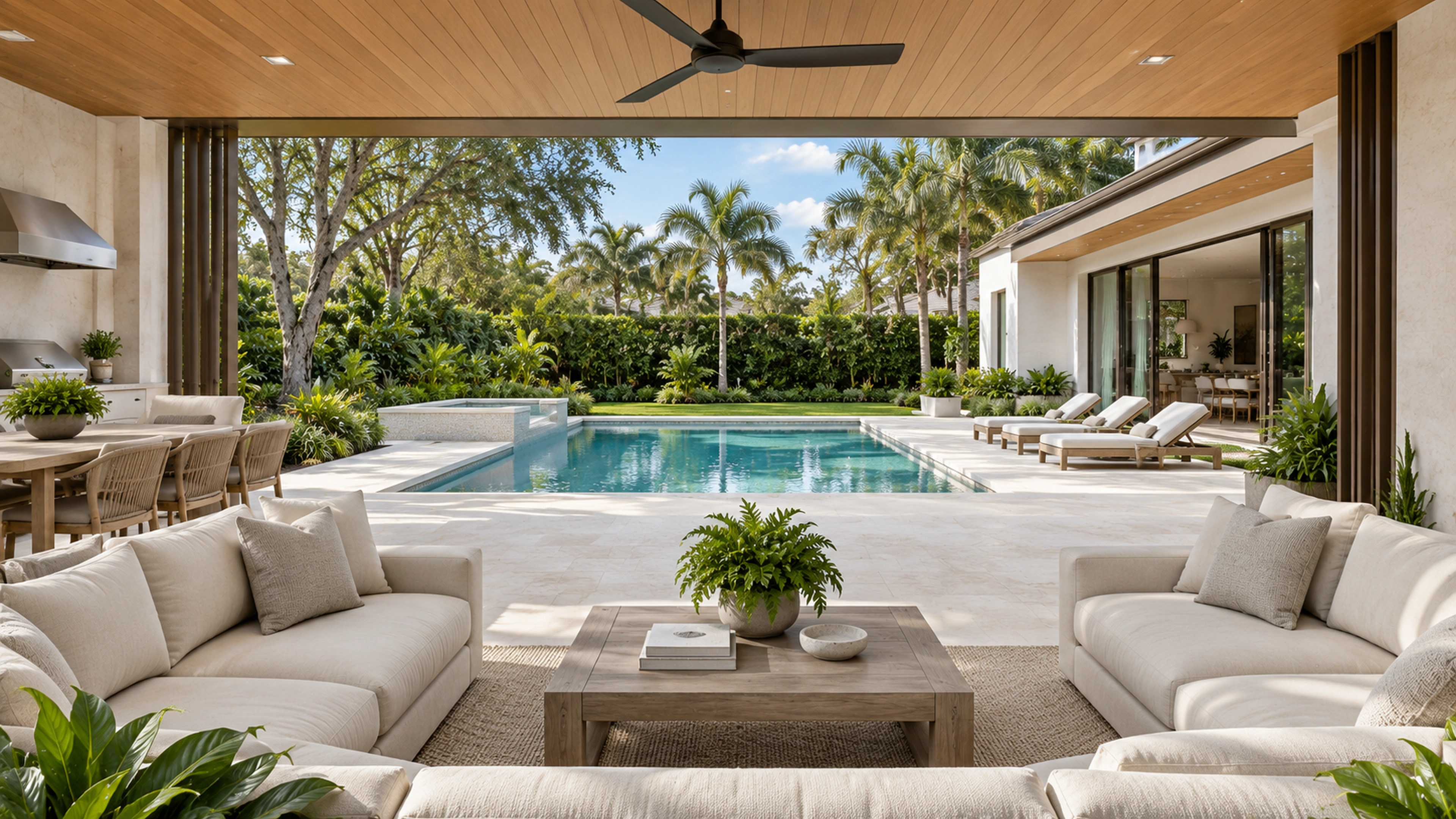 Garden Pavilion & Pool — across the terrace; design-concept visualization.
