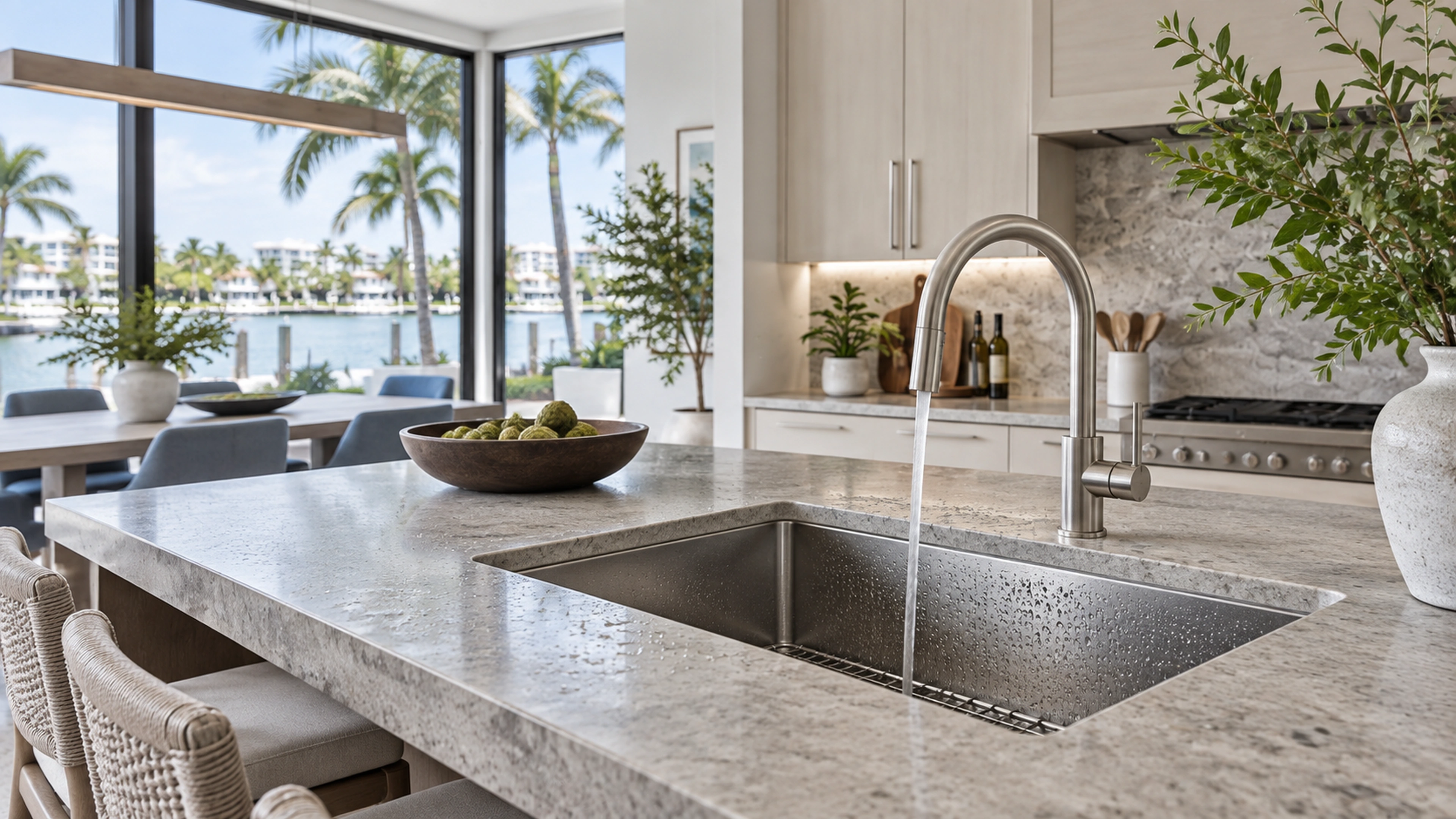 Coastal Kitchen — the sink and stone; design-concept visualization.