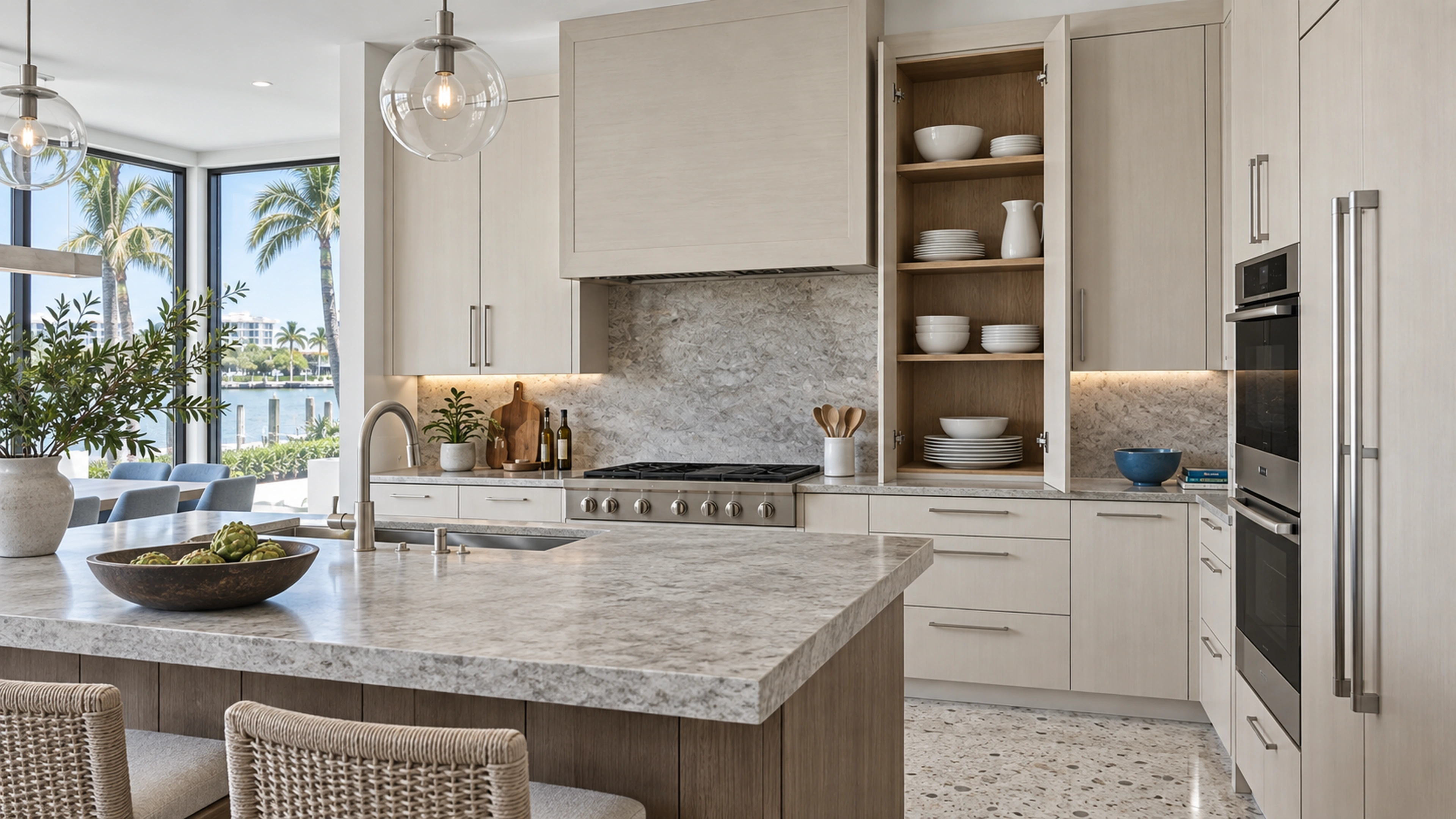 Coastal Kitchen — storage within reach; design-concept visualization.