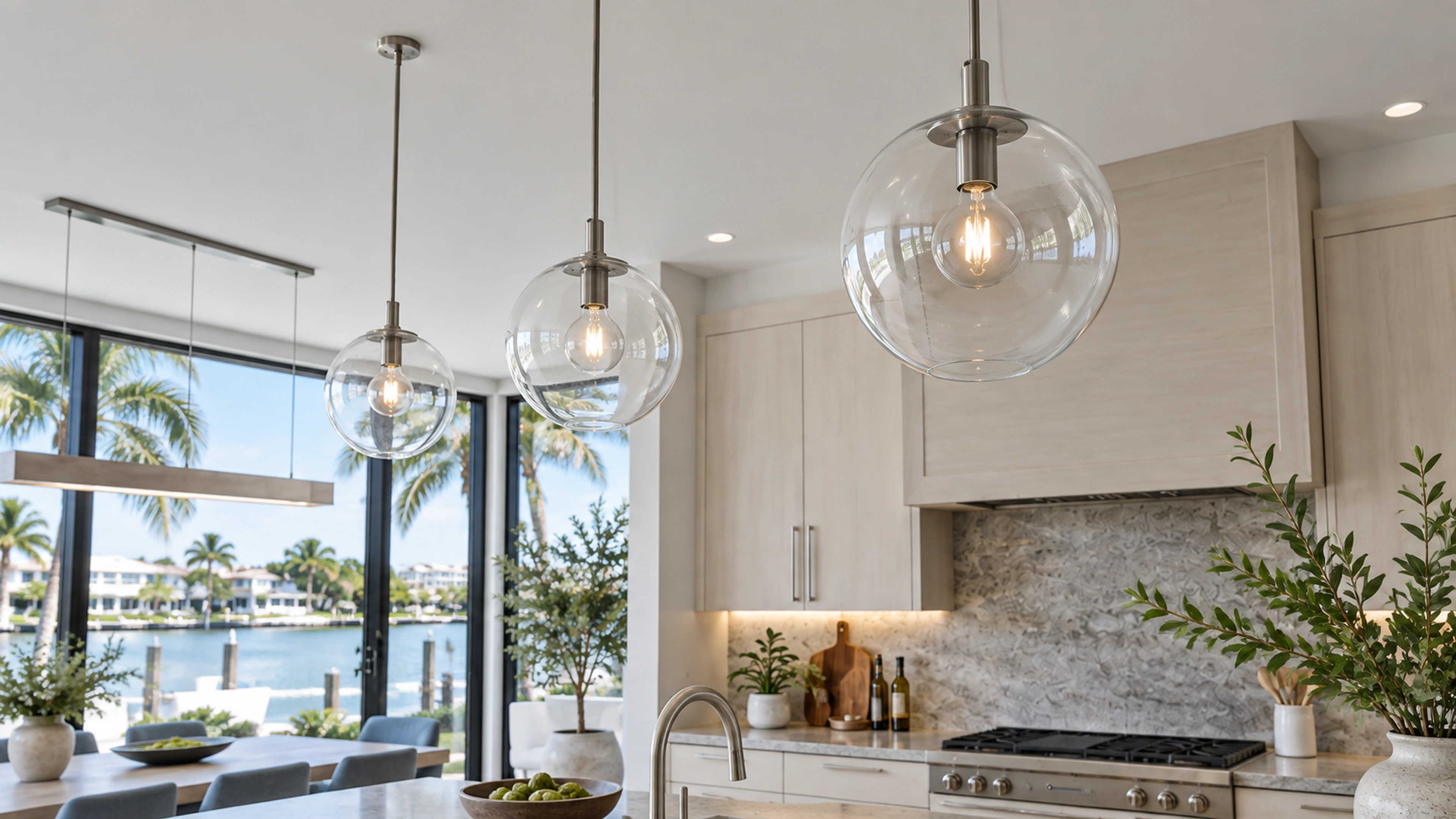 Coastal Kitchen — light over the counter; design-concept visualization.