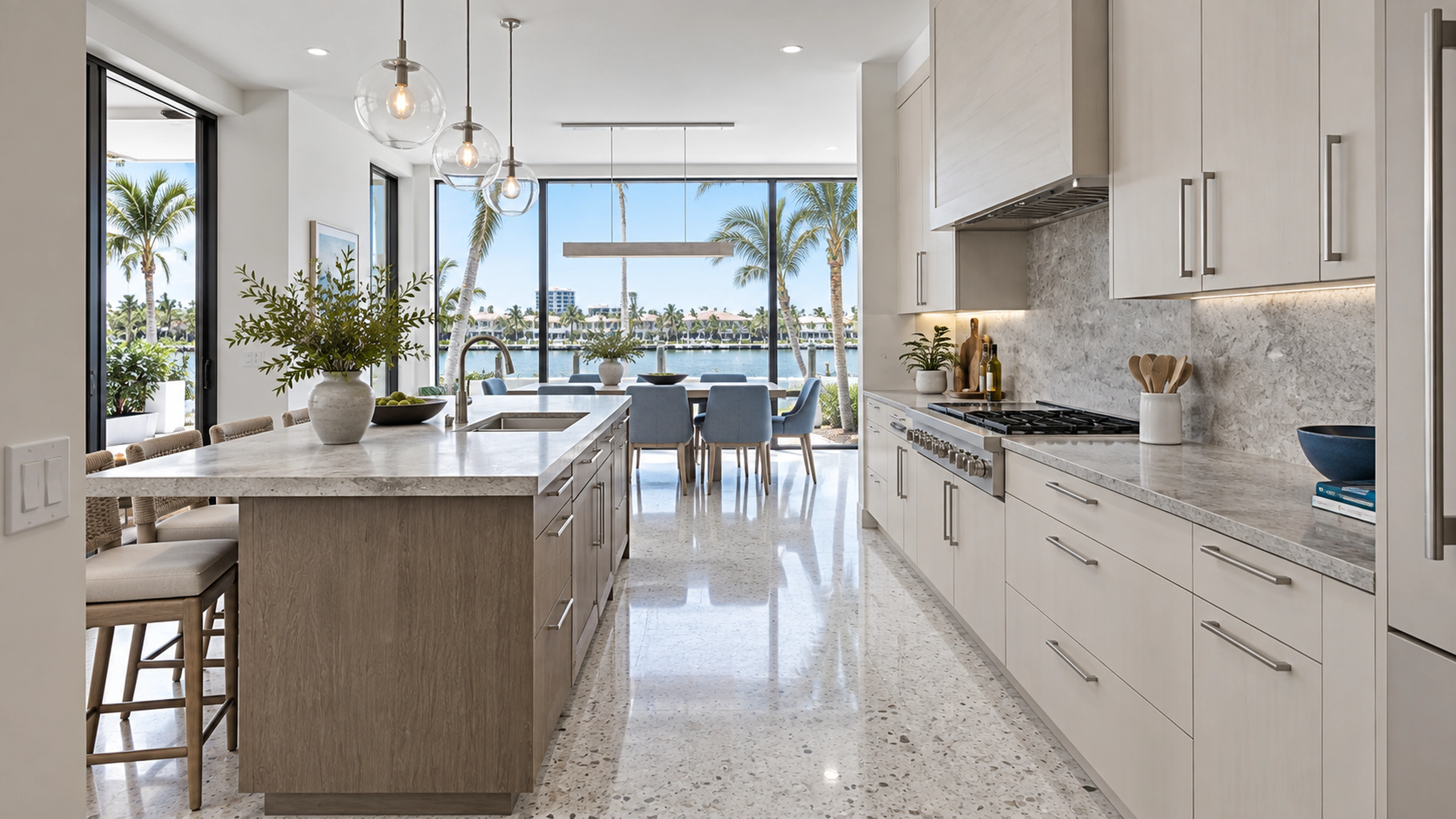 Coastal Kitchen — a connected room; design-concept visualization.