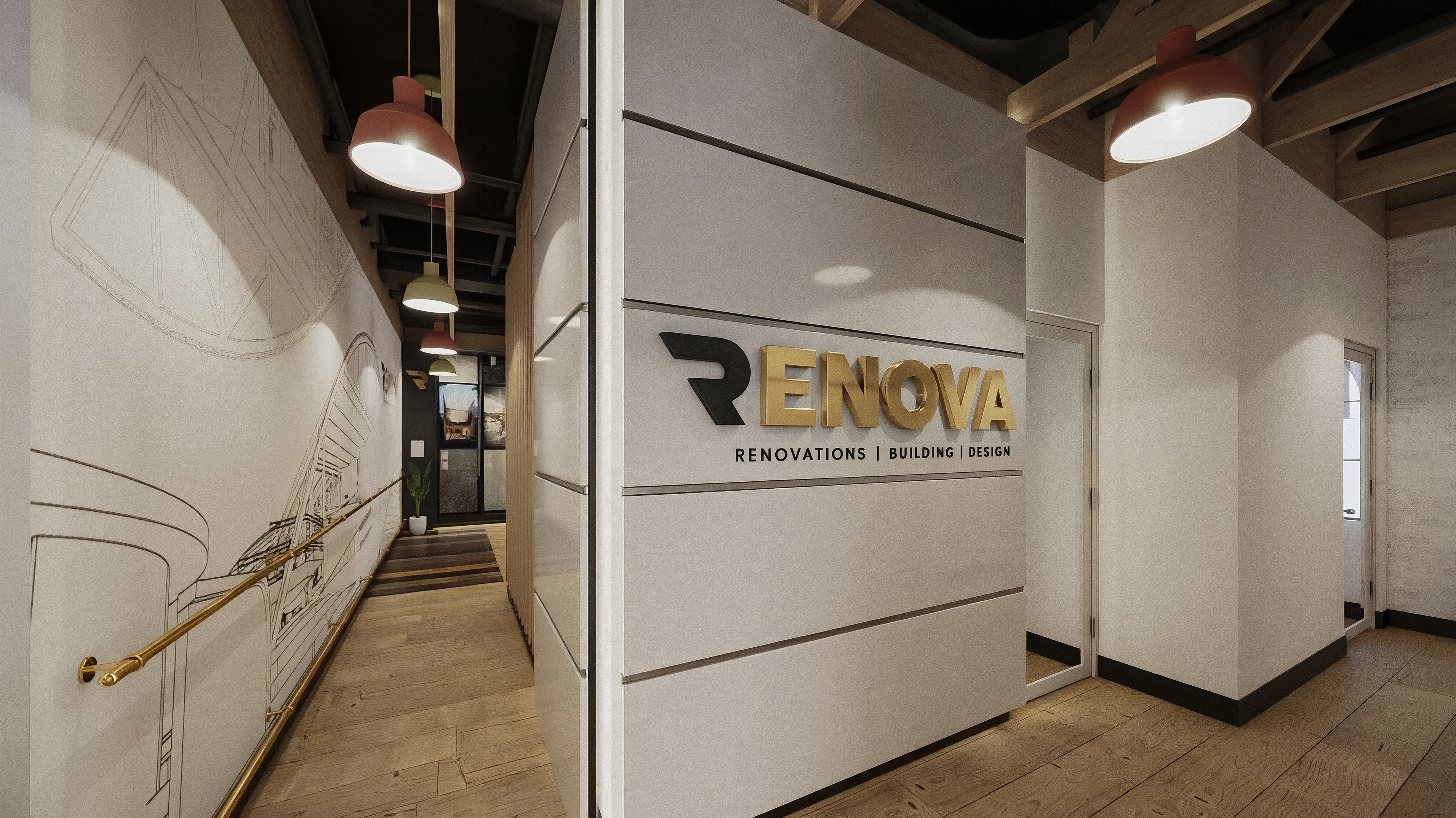 RENOVA’s Delray office entrance, architectural wall drawing and original dimensional signage.