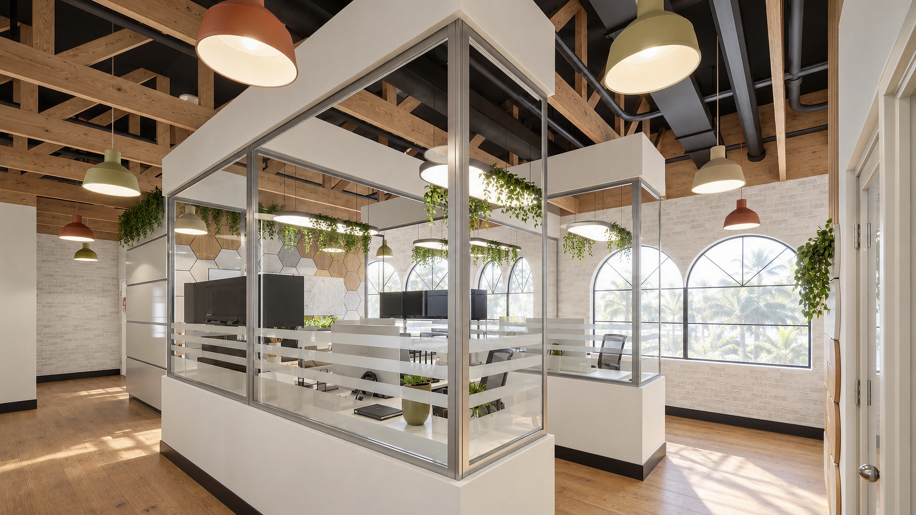 Glass-partitioned workstations beneath exposed timber beams and suspended planting.