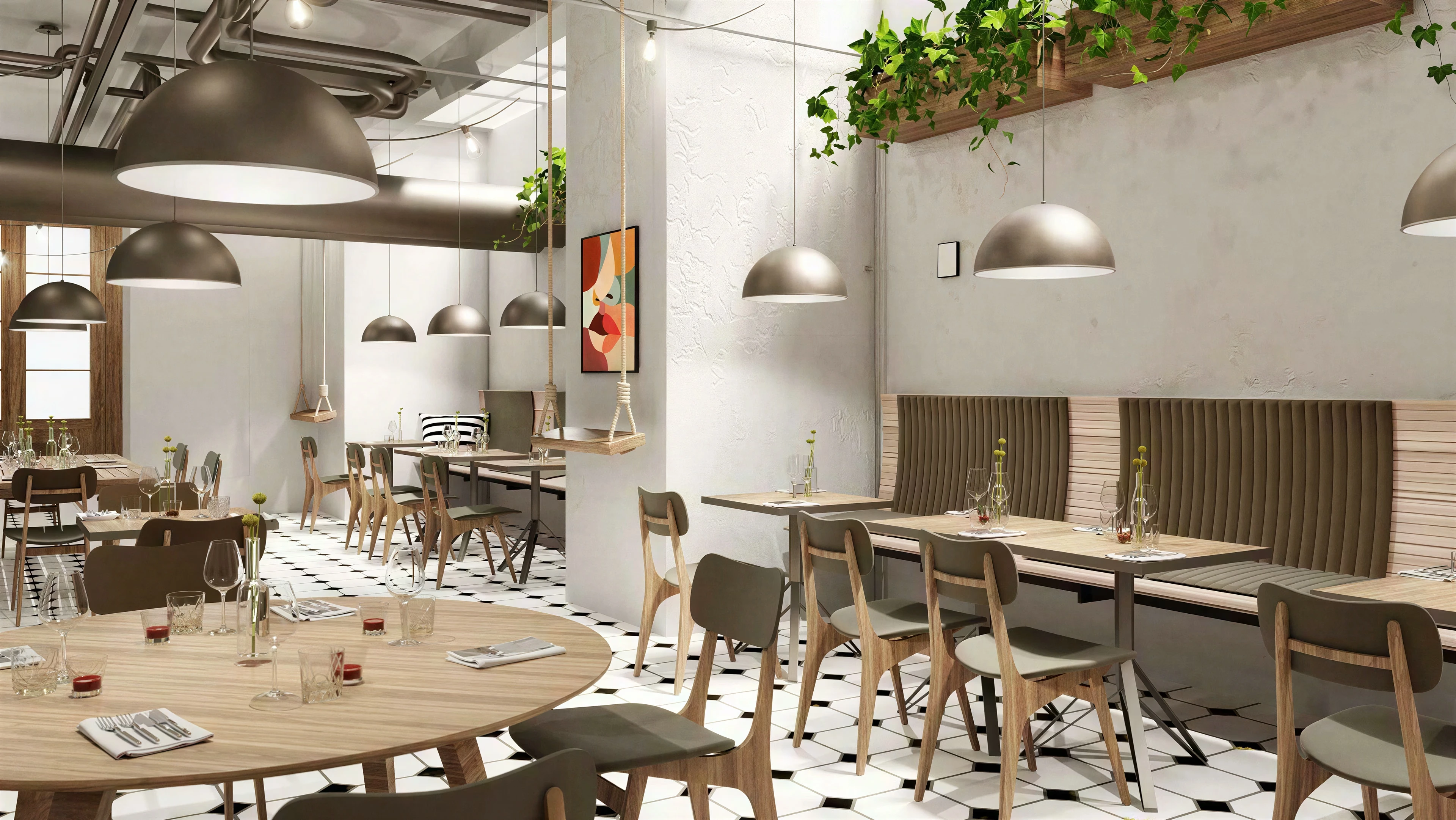 Dining area with exposed ceiling services and hanging greenery.