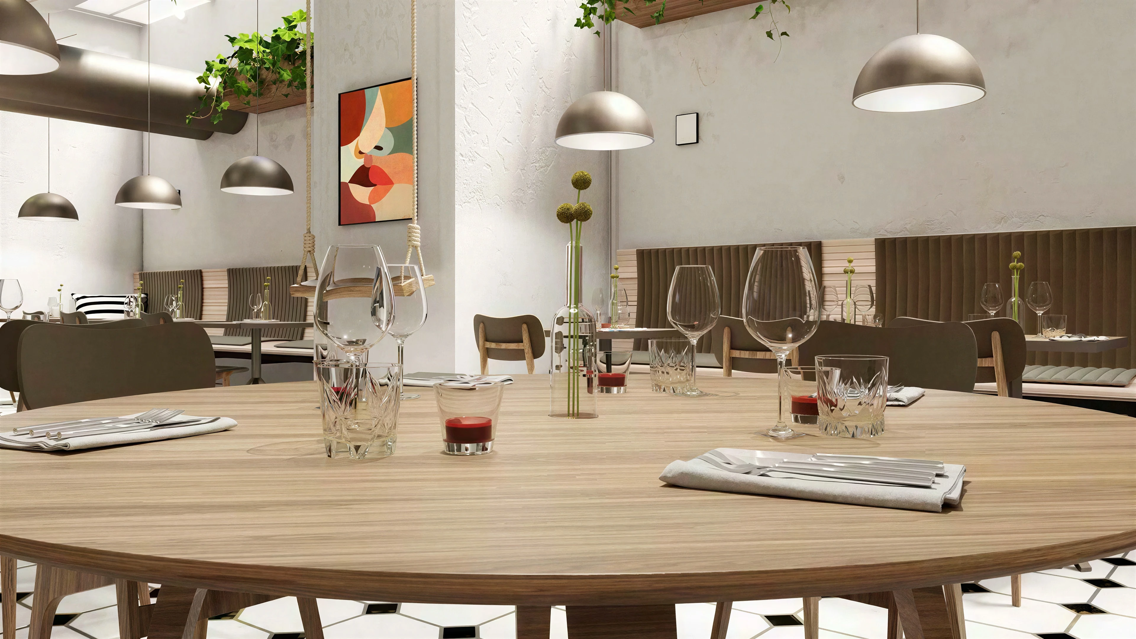 Close view of a set dining table and surrounding booth seating.