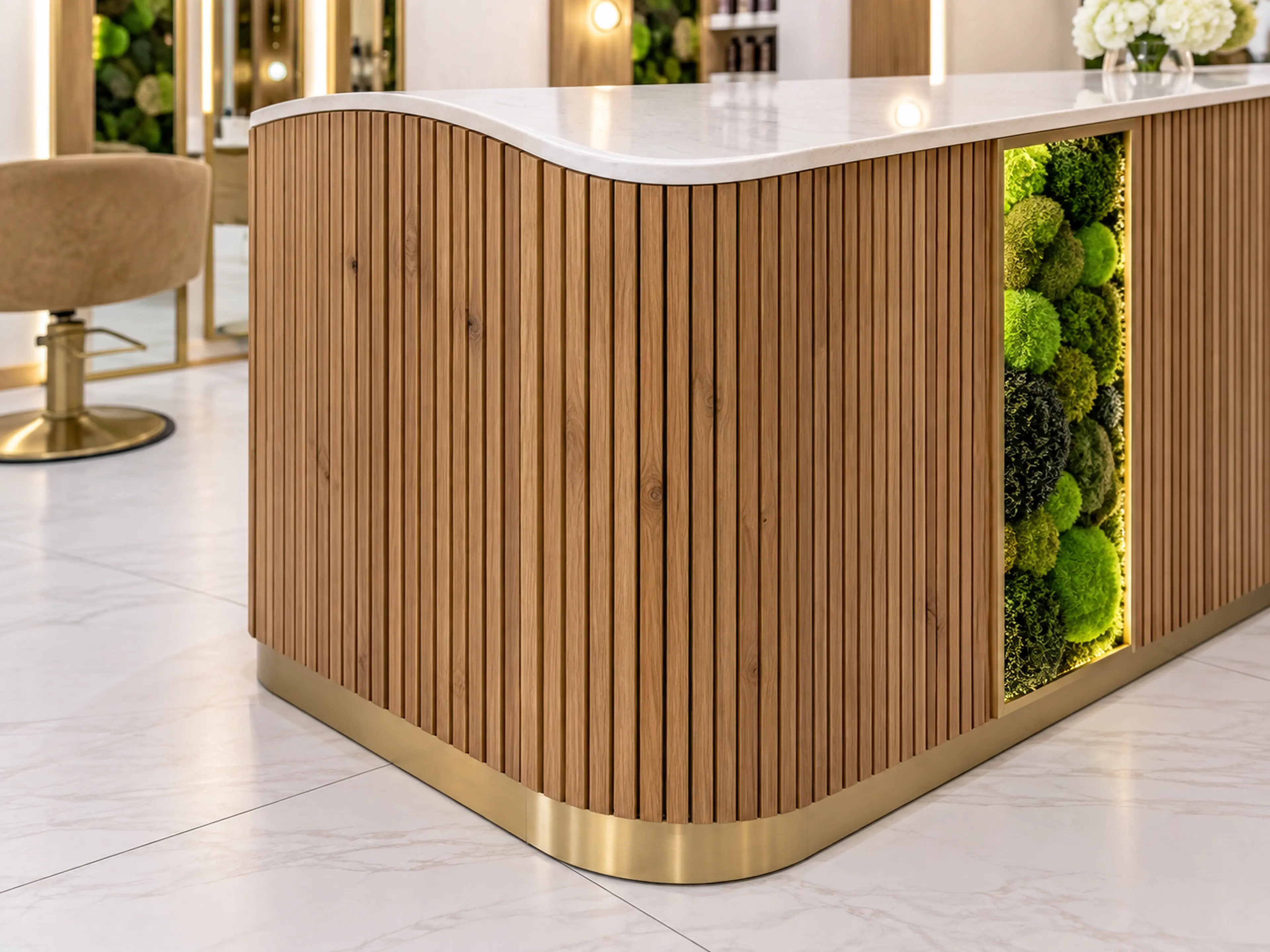 Supplemental Rové Salon concept study of curved oak reception millwork with brass and moss detailing.