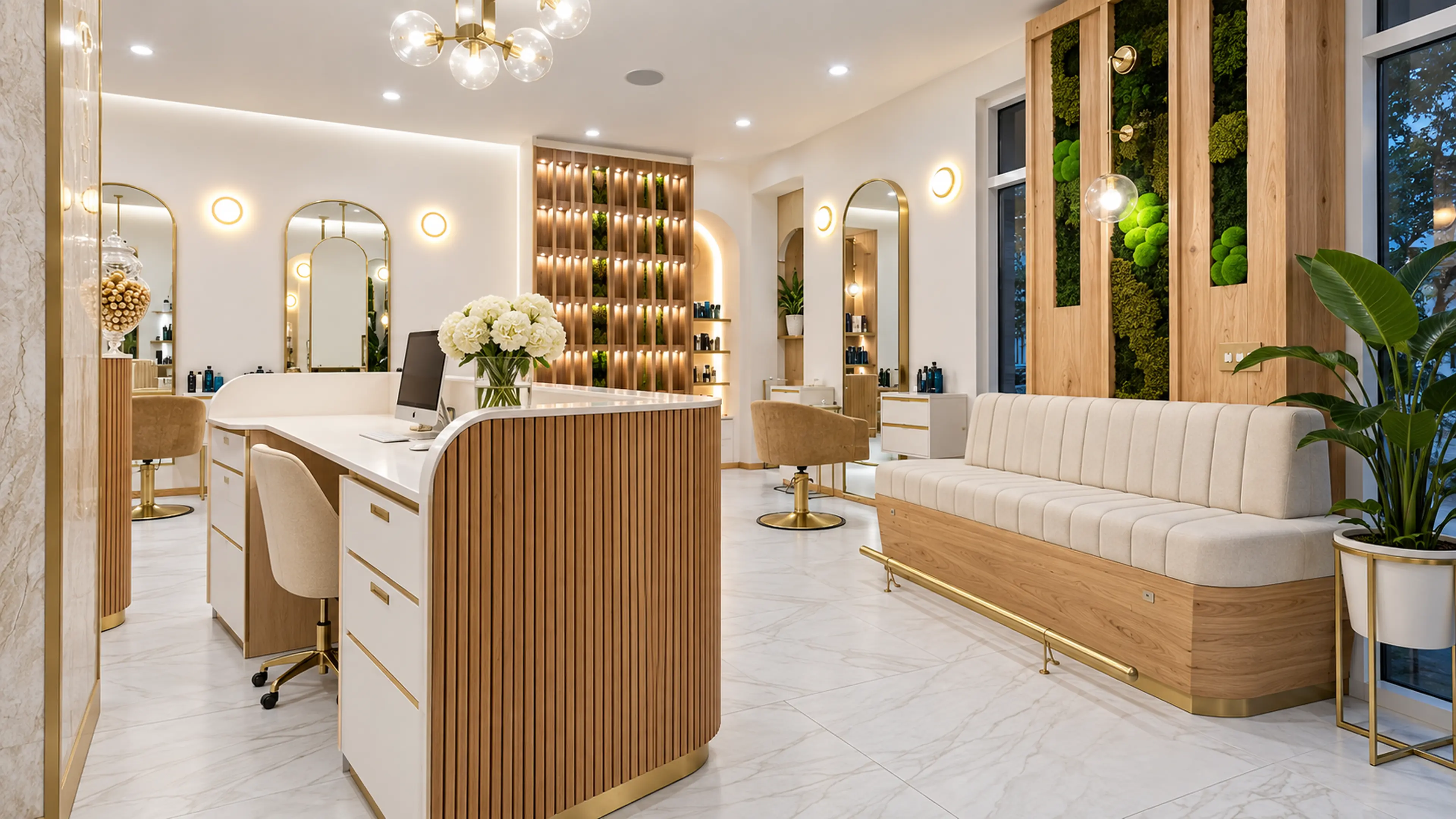 Supplemental Rové Salon concept study from behind the curved reception desk toward the waiting area.